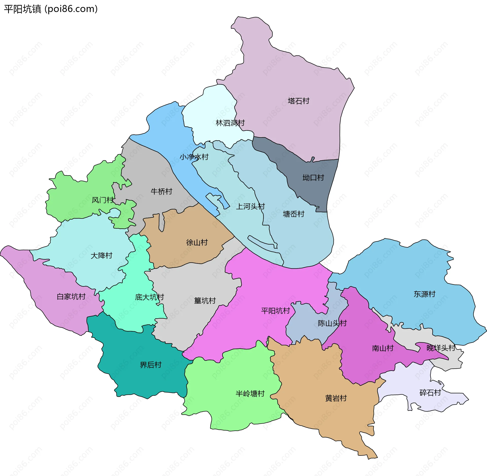 平阳坑镇边界地图(五级行政区划)