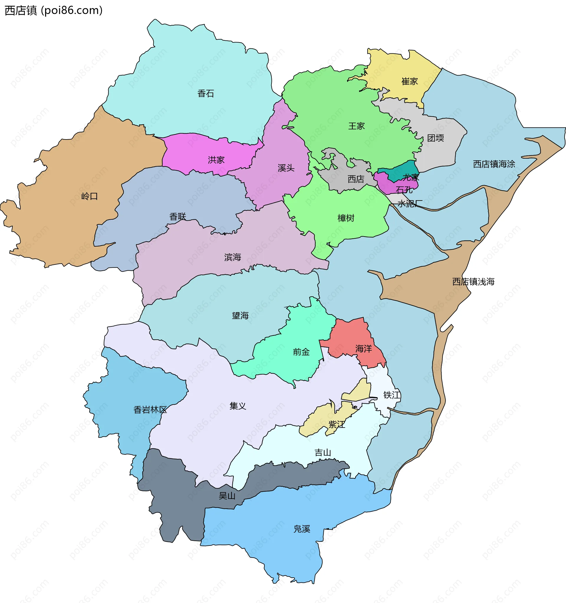 西店镇边界地图(五级行政区划)
