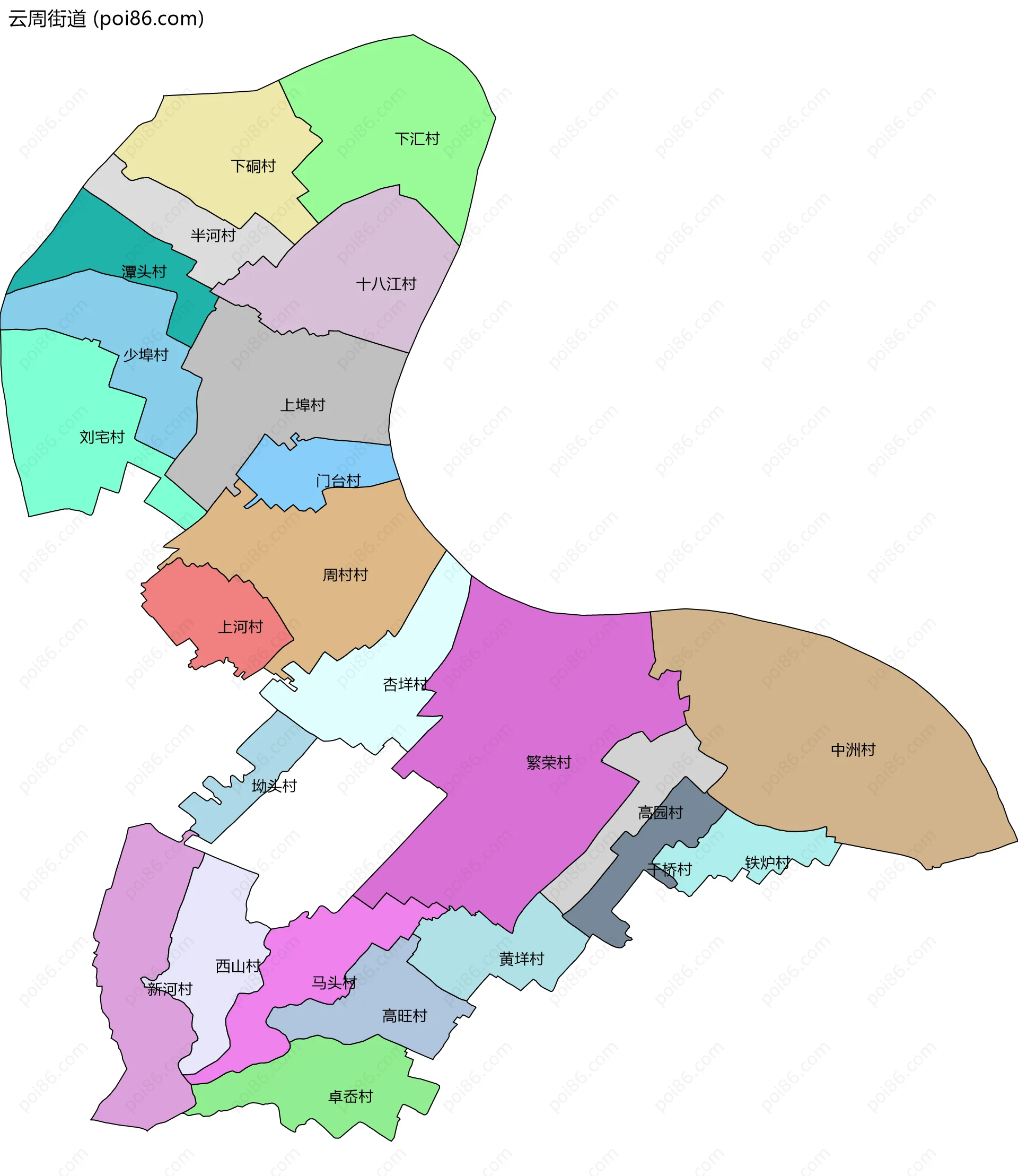 云周街道边界地图(五级行政区划)