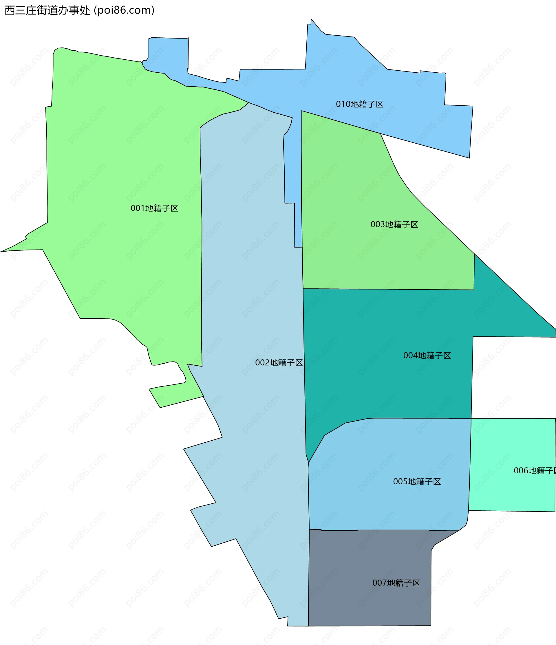 西三庄街道办事处边界地图(五级行政区划)