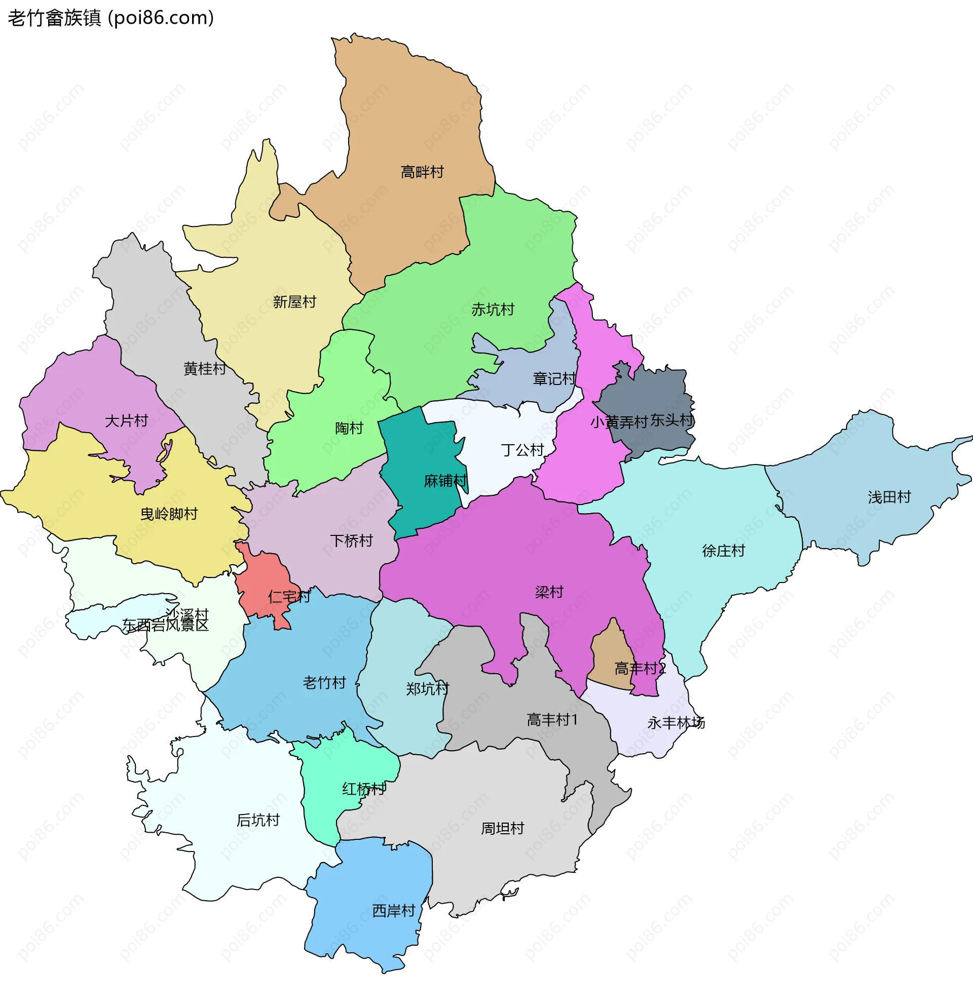 老竹畲族镇边界地图(五级行政区划)