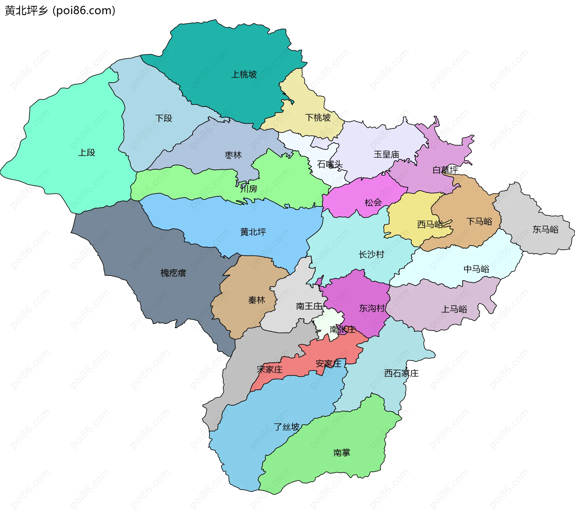 黄北坪乡边界地图(五级行政区划)
