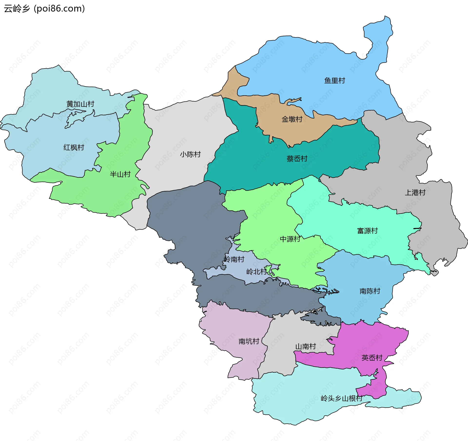 云岭乡边界地图(五级行政区划)