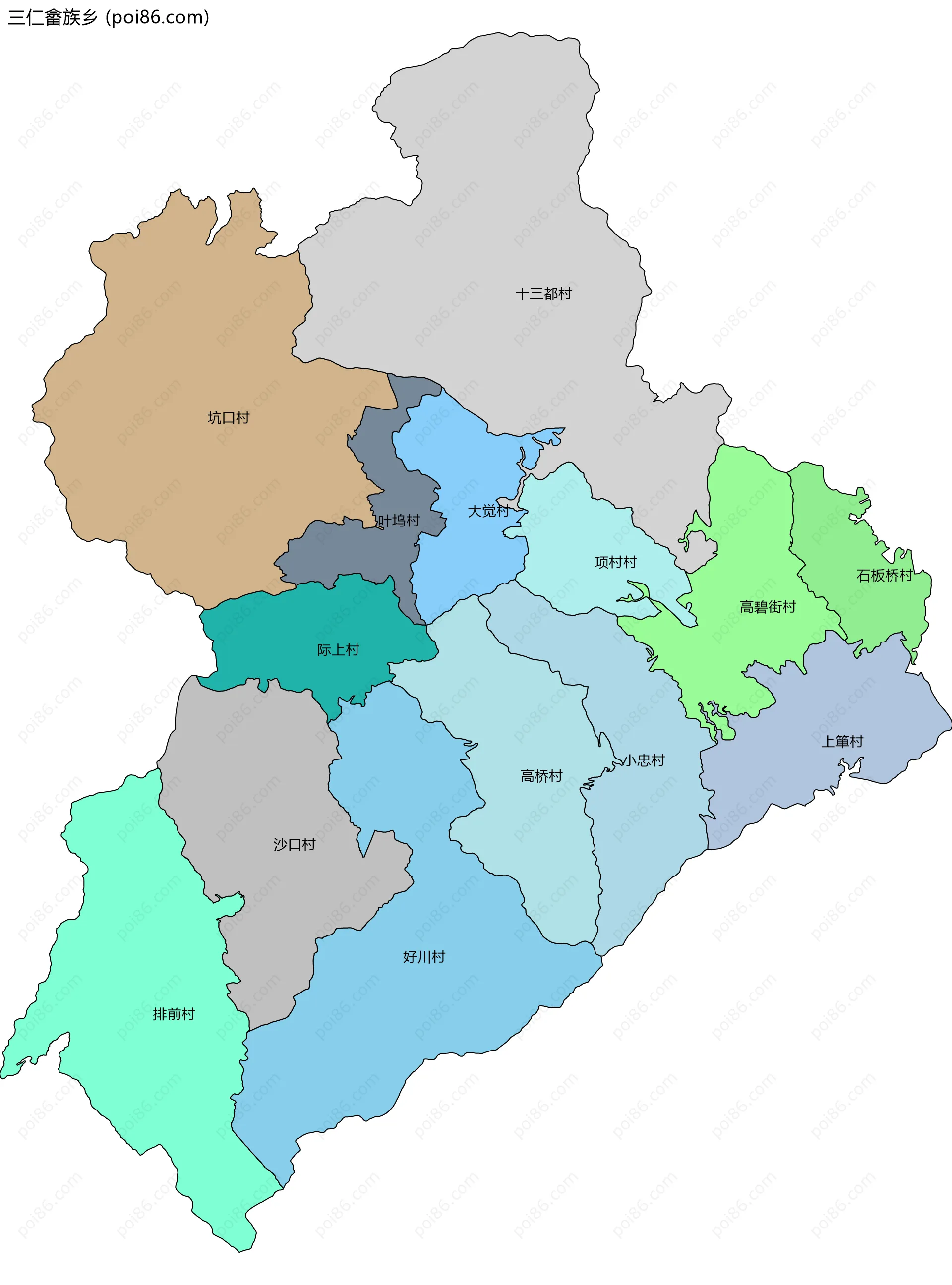 三仁畲族乡边界地图(五级行政区划)