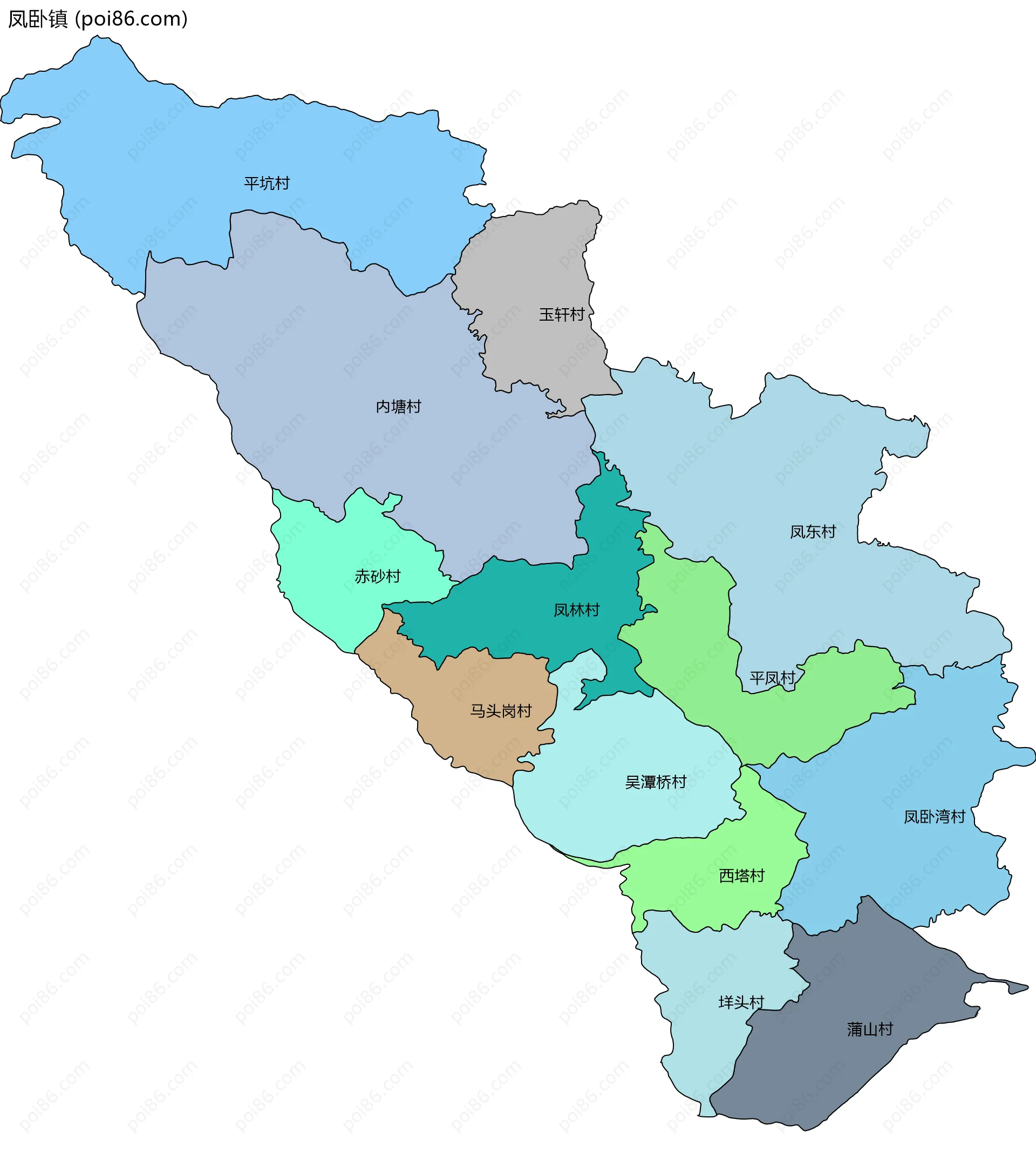 凤卧镇边界地图(五级行政区划)
