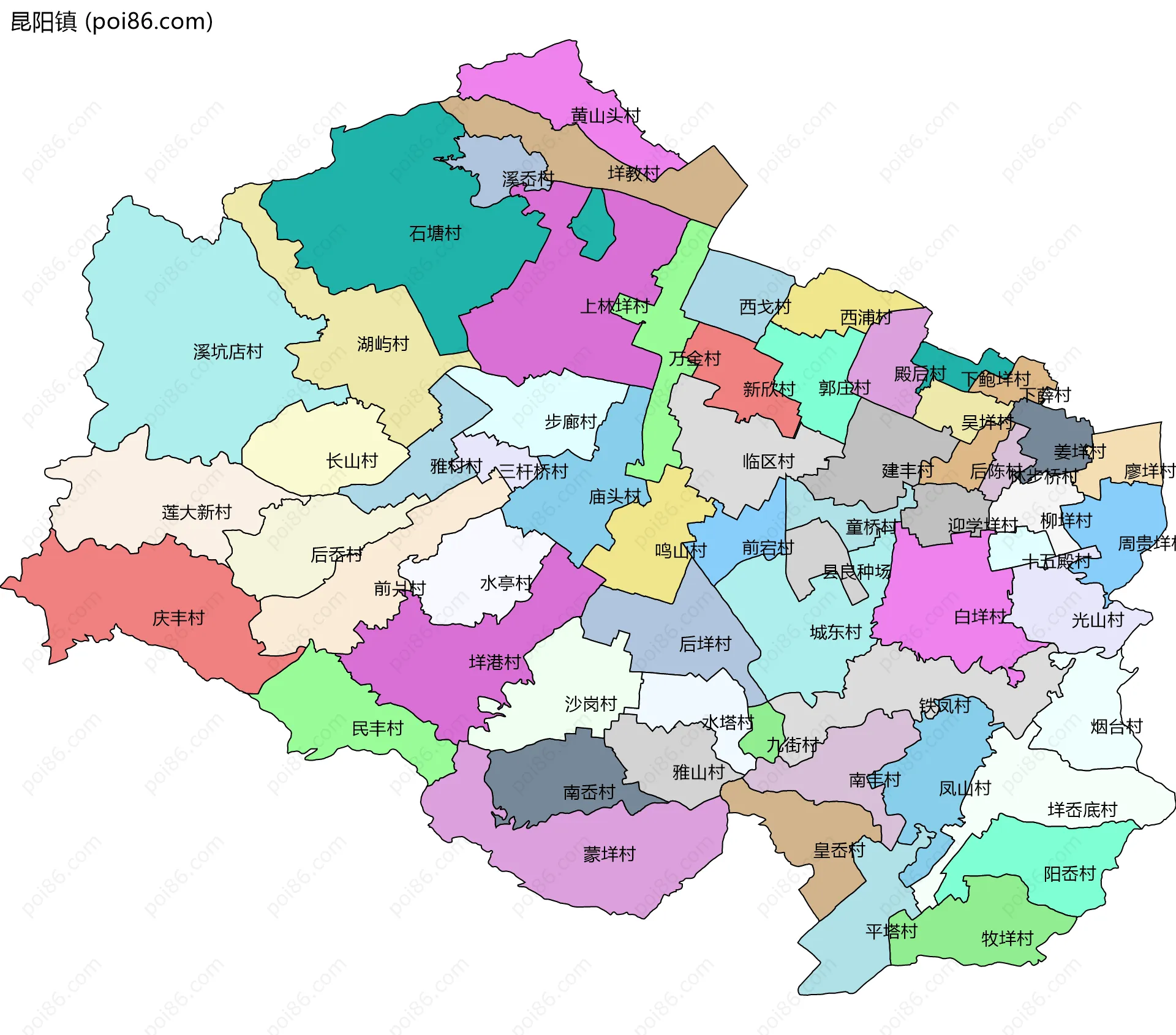 昆阳镇边界地图(五级行政区划)