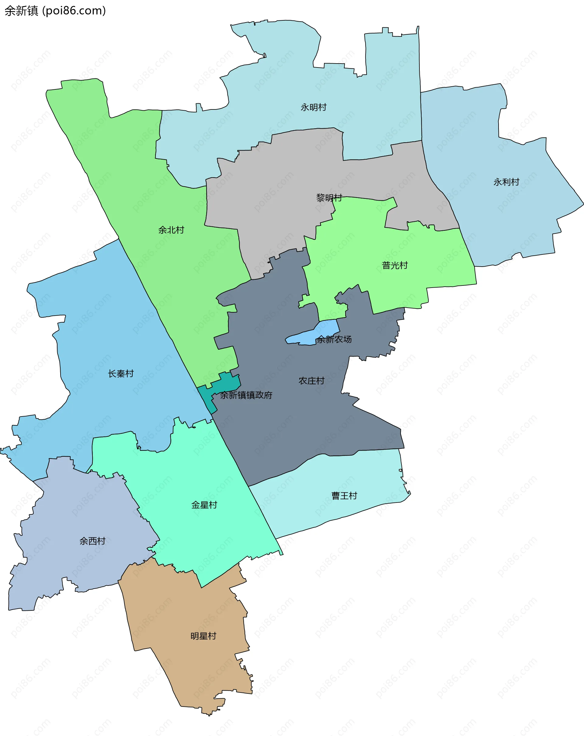 余新镇边界地图(五级行政区划)