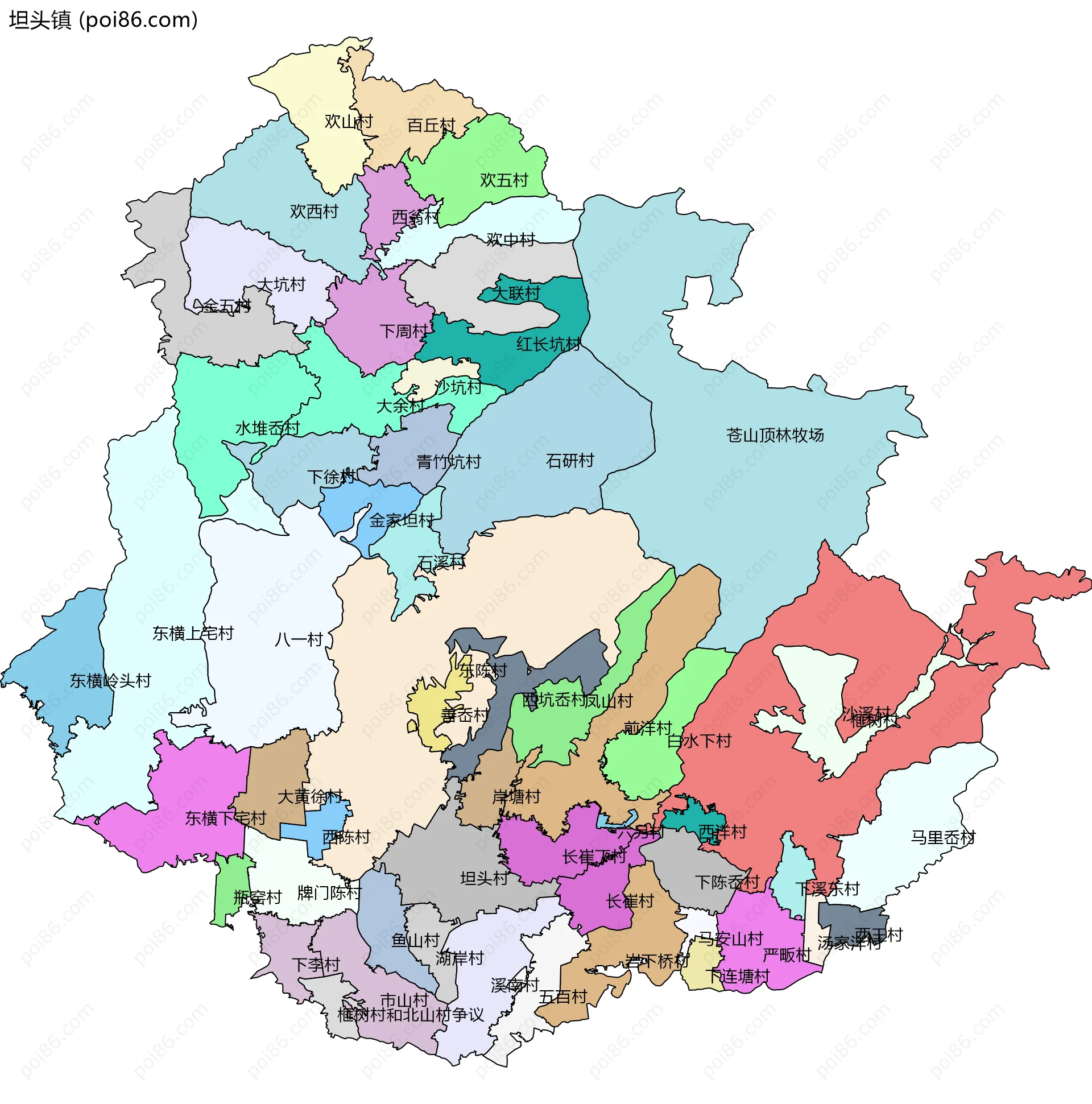 坦头镇边界地图(五级行政区划)