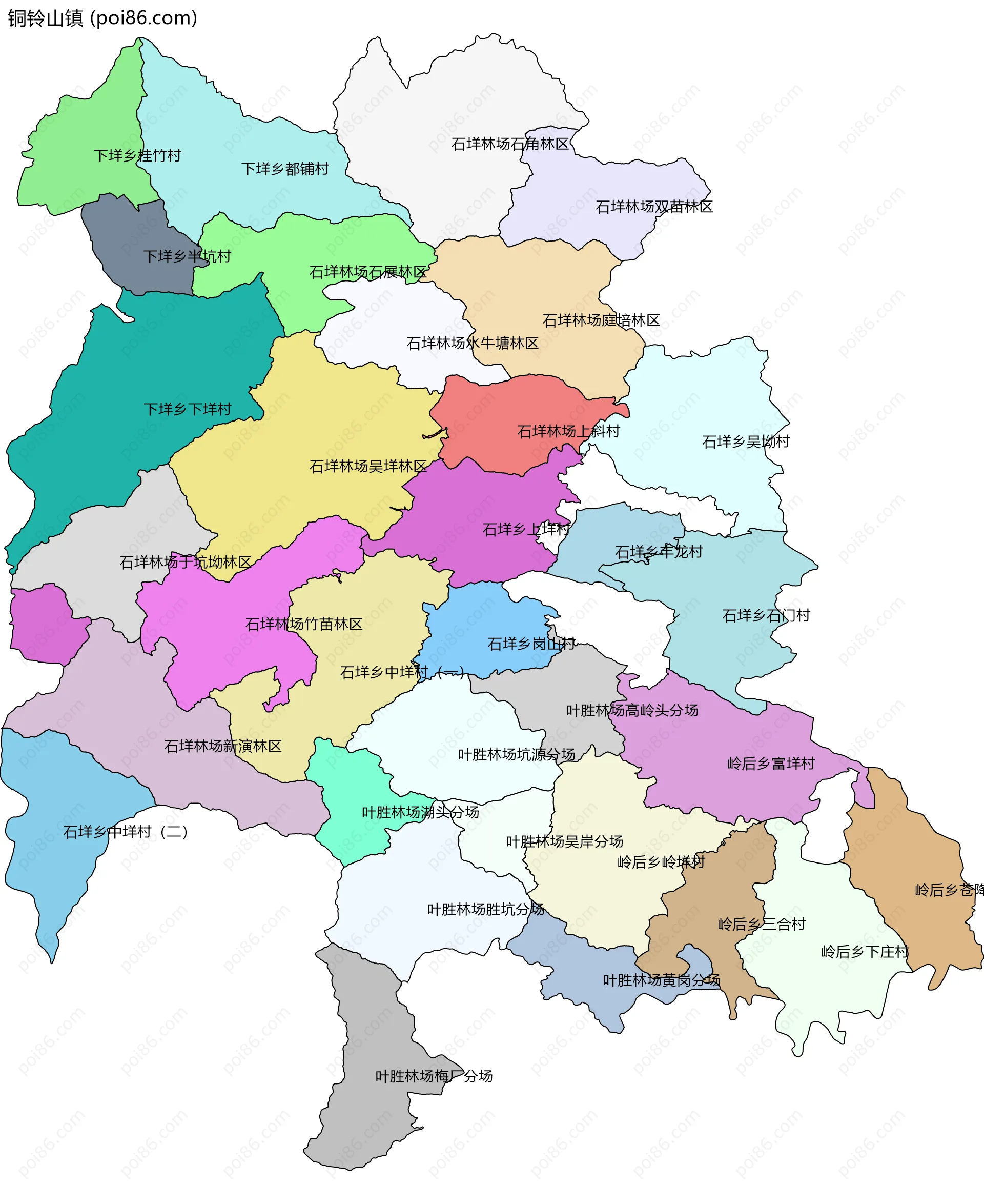 铜铃山镇边界地图(五级行政区划)