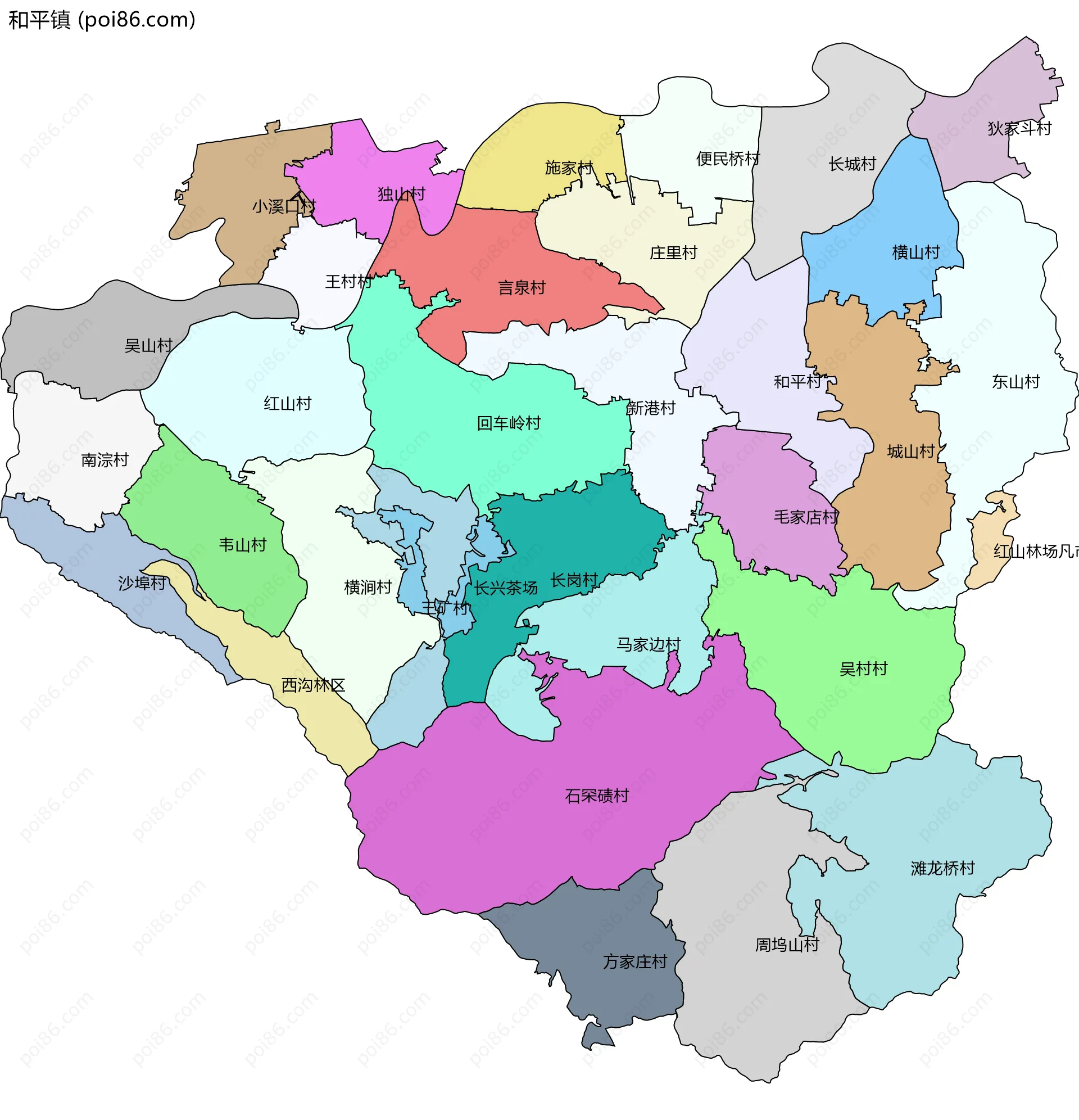 和平镇边界地图(五级行政区划)