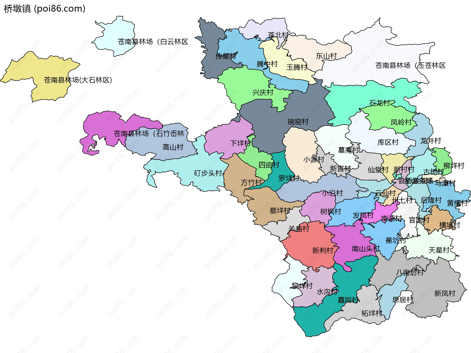 桥墩镇边界地图(五级行政区划)