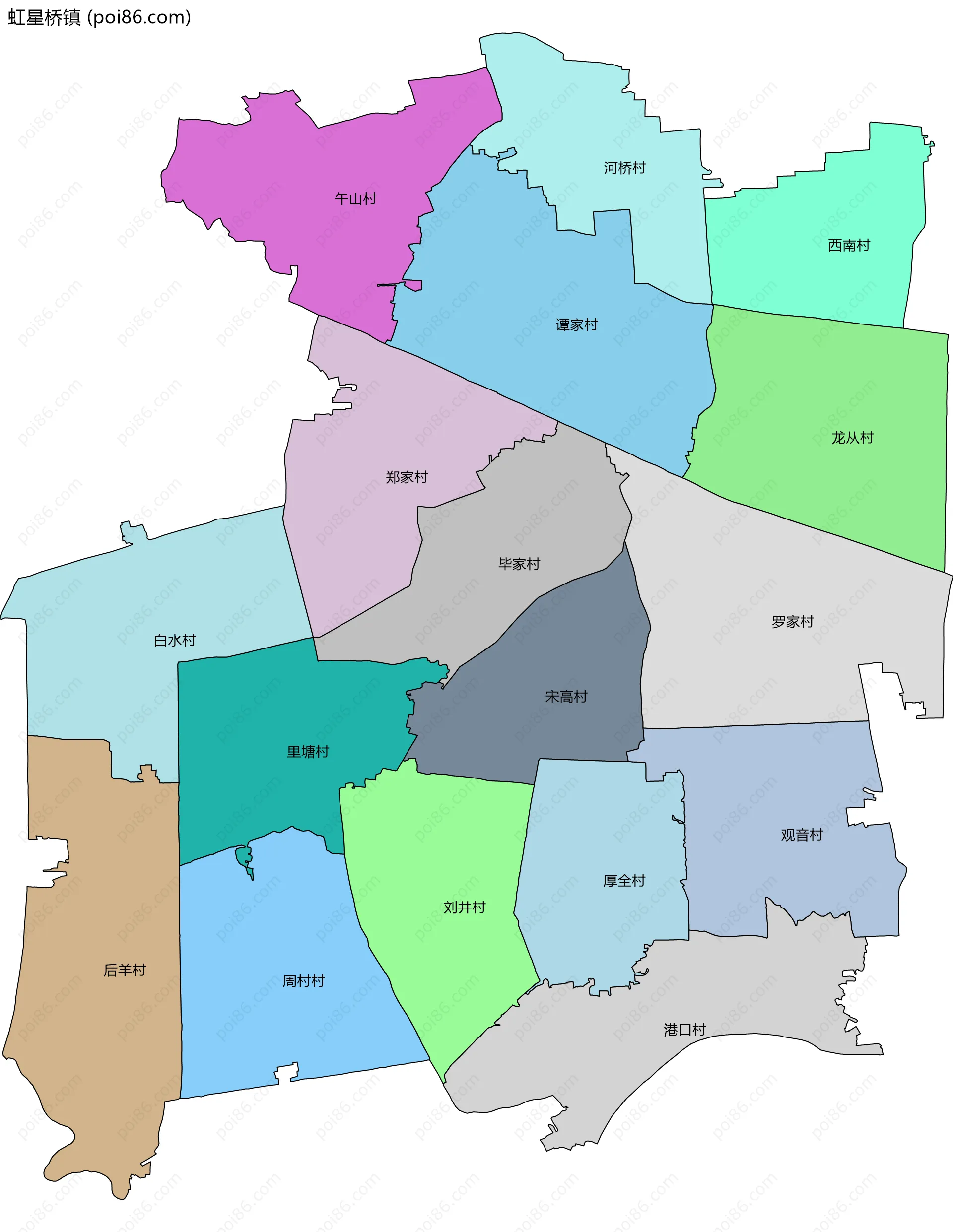 虹星桥镇边界地图(五级行政区划)