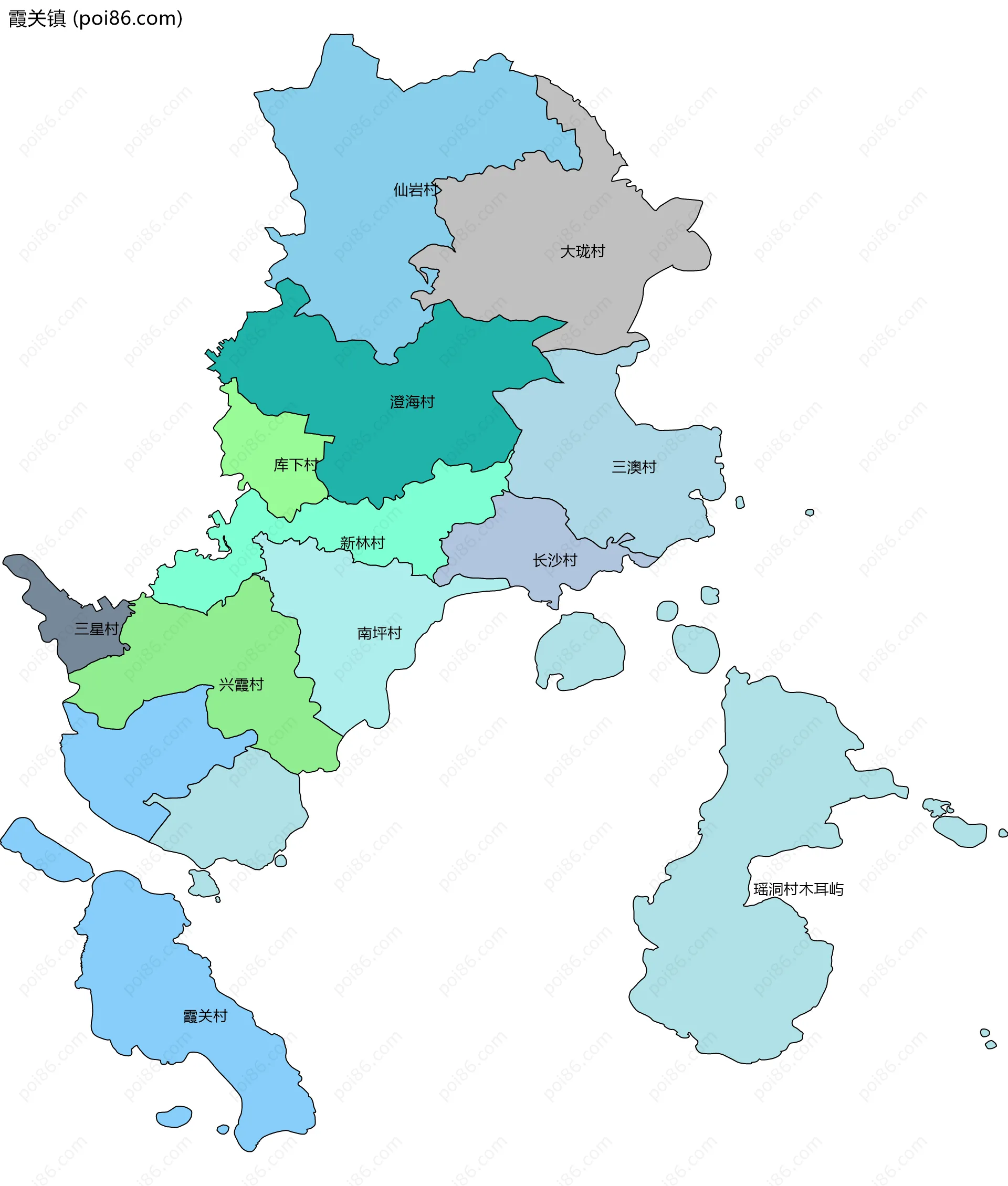 霞关镇边界地图(五级行政区划)