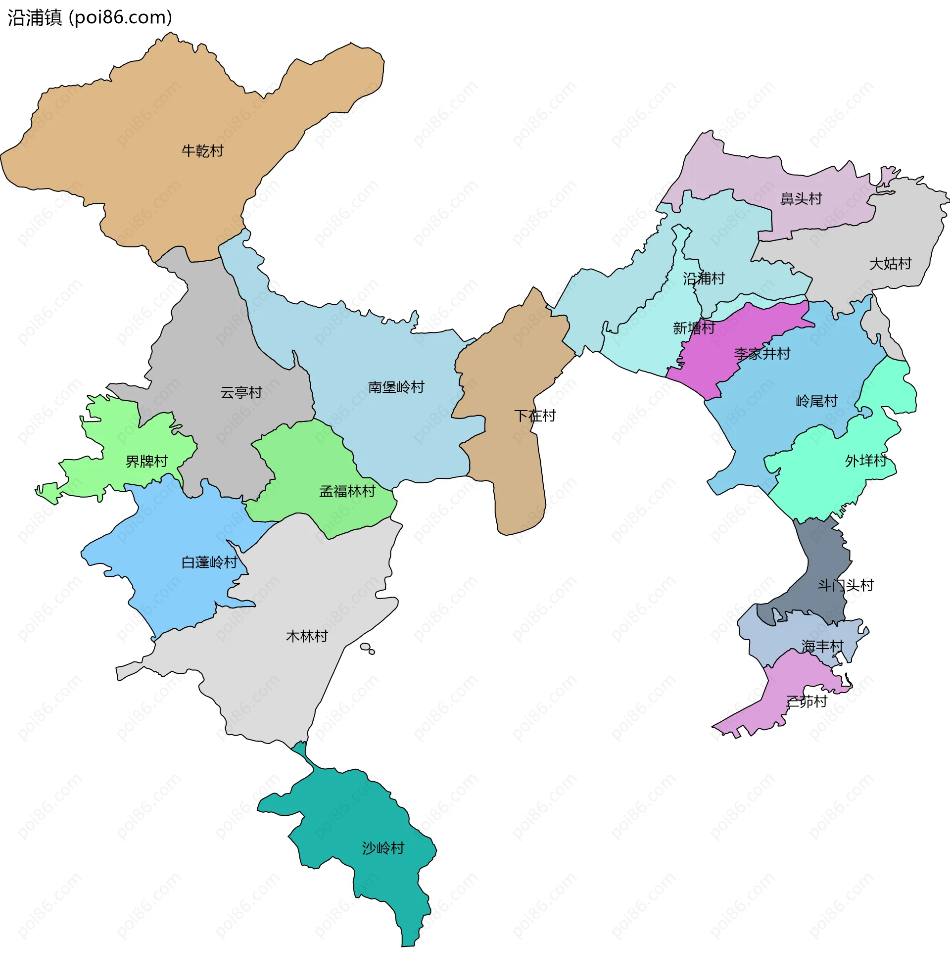 沿浦镇边界地图(五级行政区划)