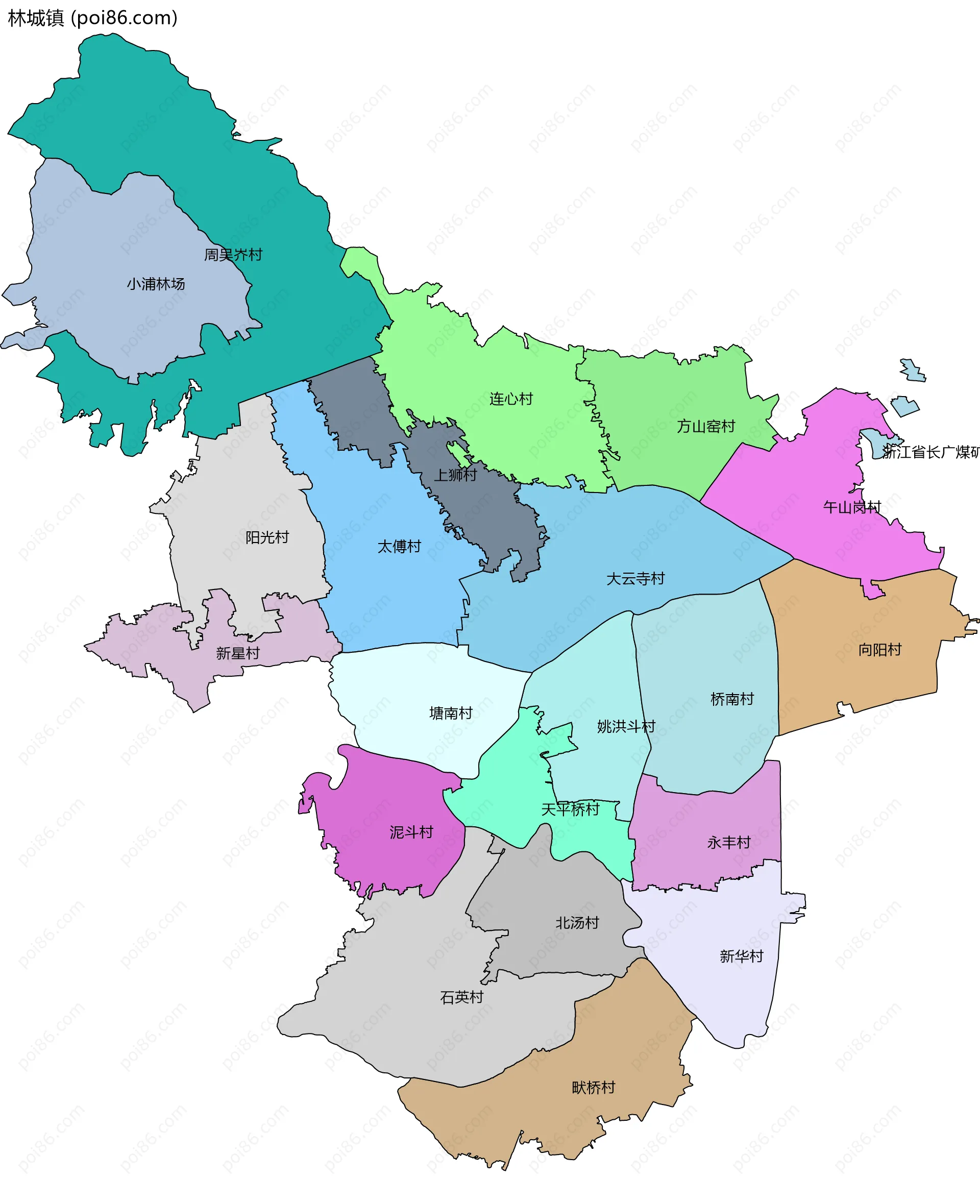林城镇边界地图(五级行政区划)
