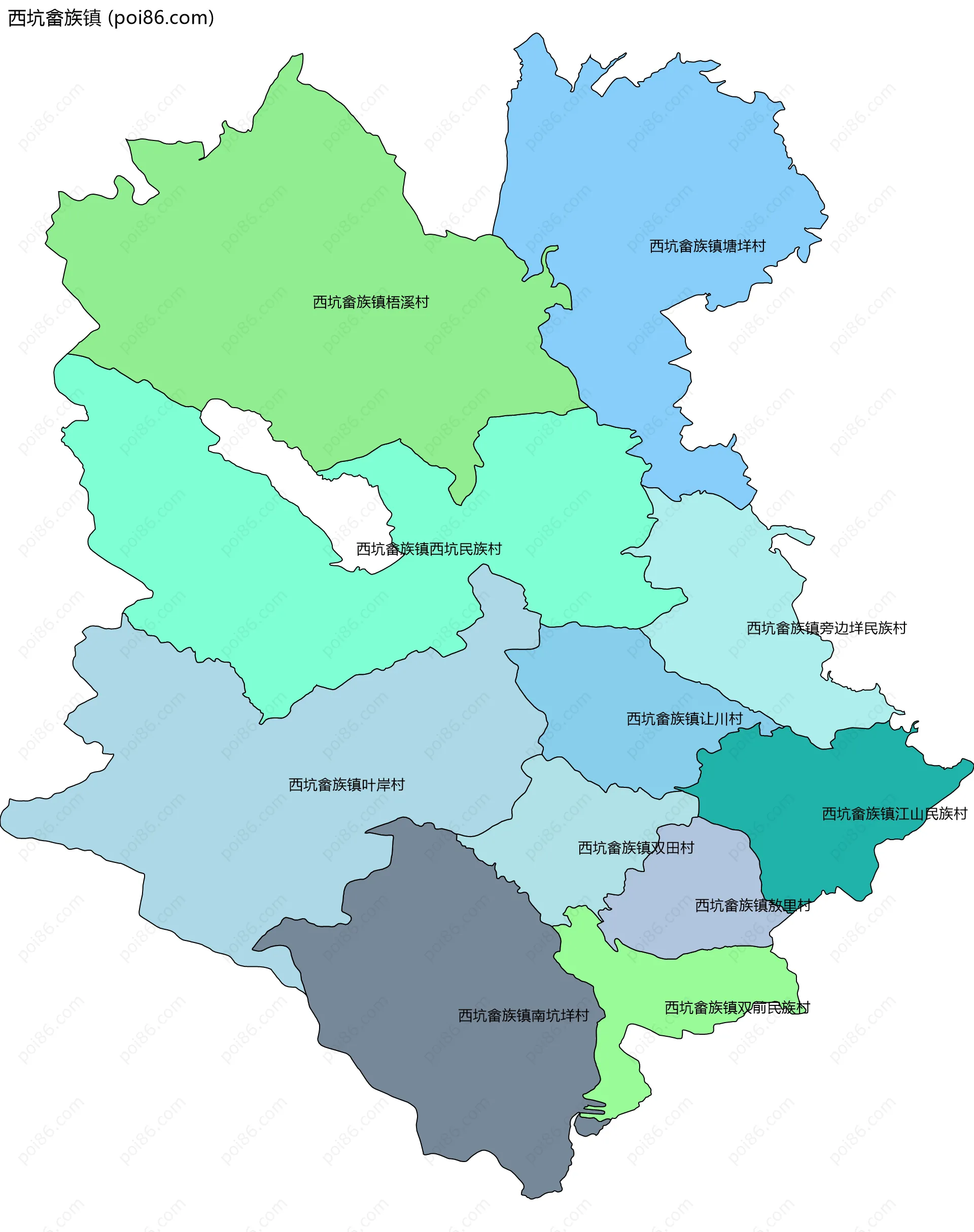 西坑畲族镇边界地图(五级行政区划)