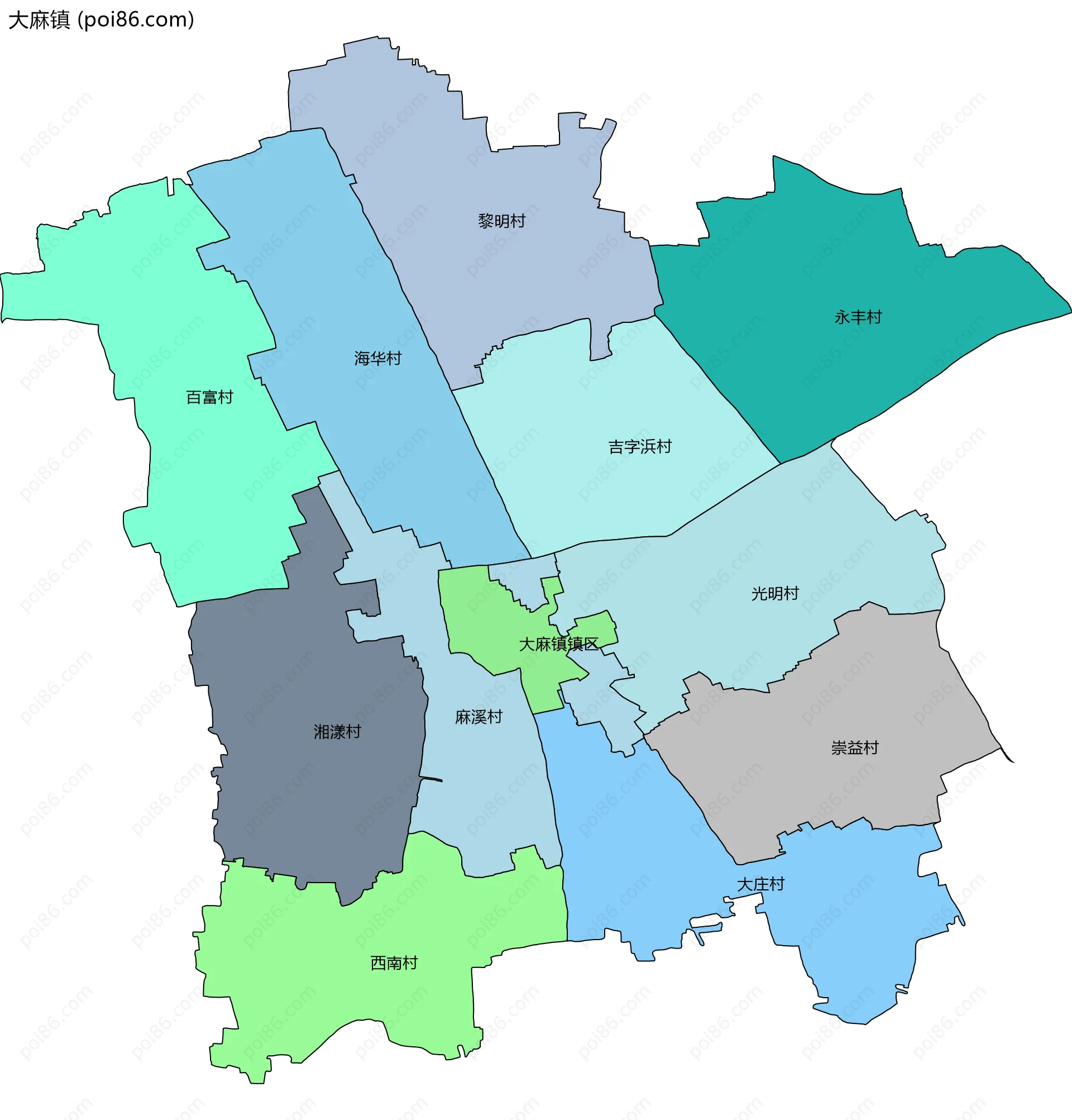 大麻镇边界地图(五级行政区划)