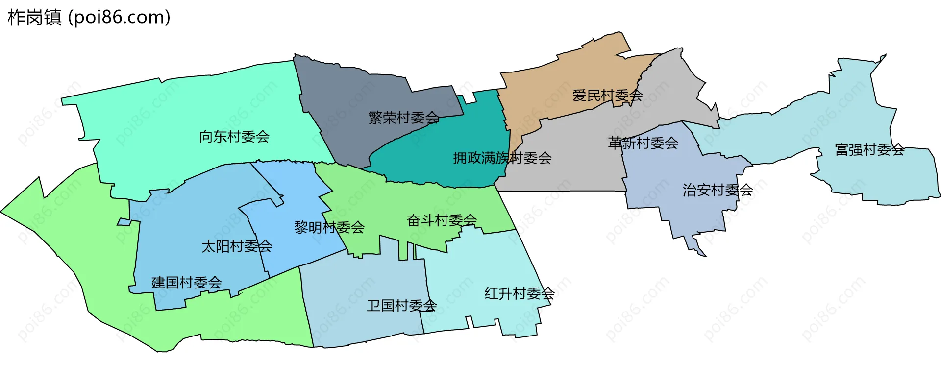 柞岗镇边界地图(五级行政区划)