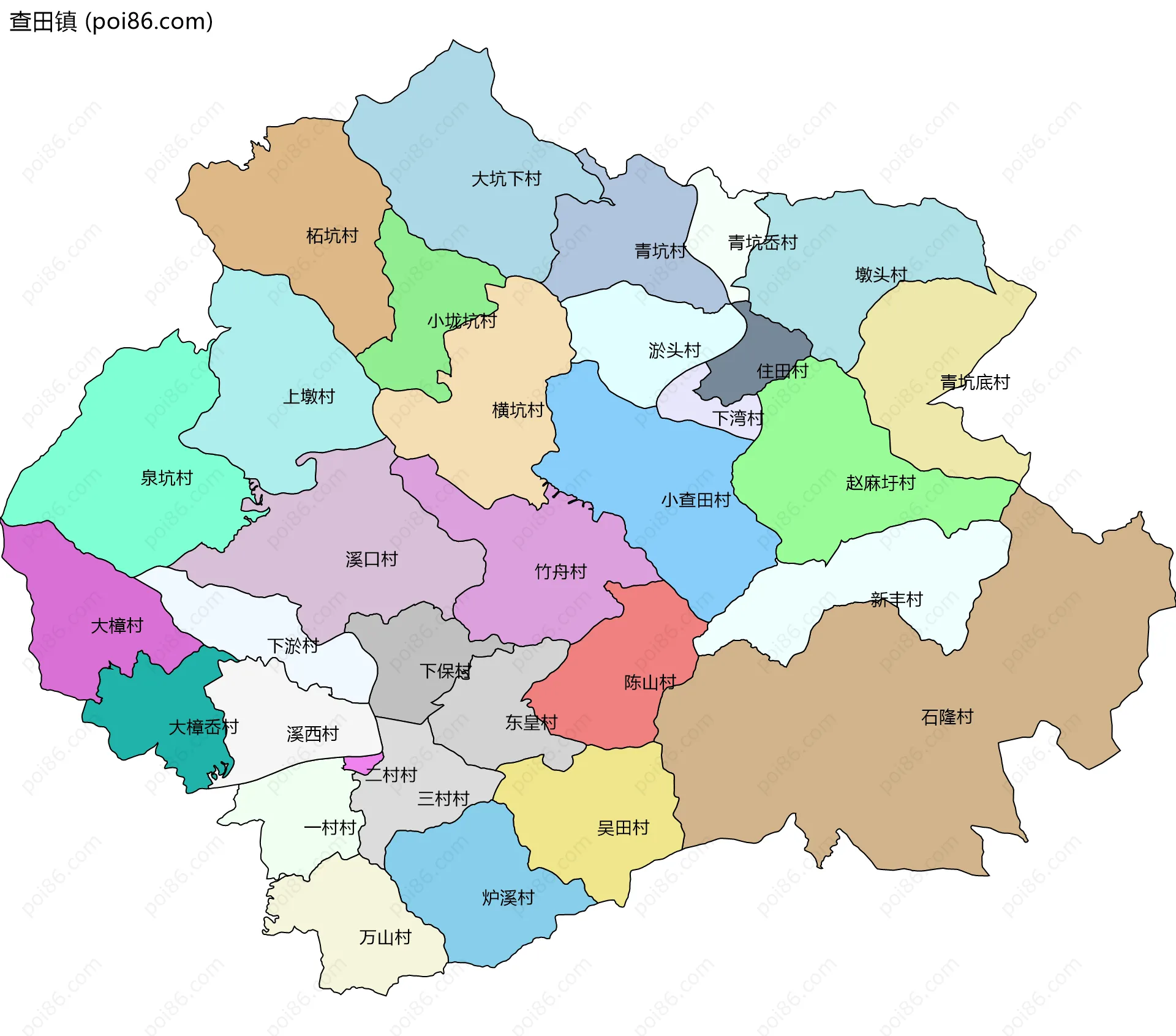 查田镇边界地图(五级行政区划)