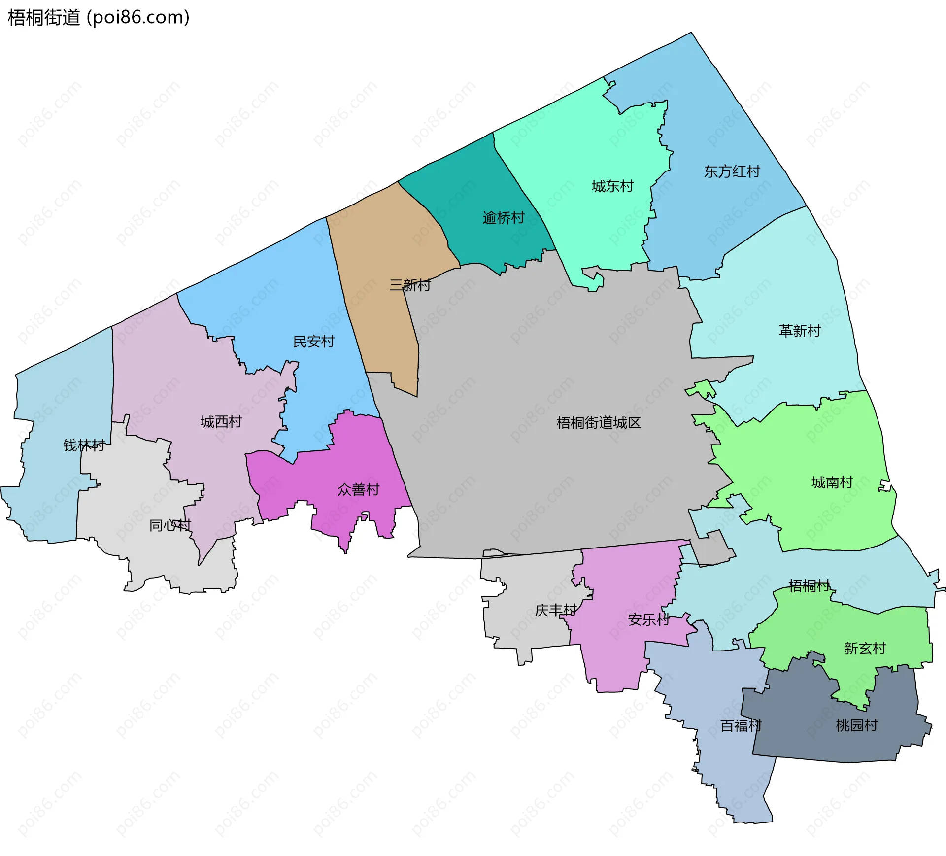 梧桐街道边界地图(五级行政区划)