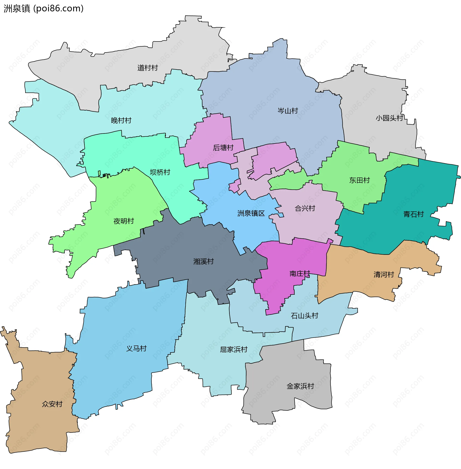 洲泉镇边界地图(五级行政区划)