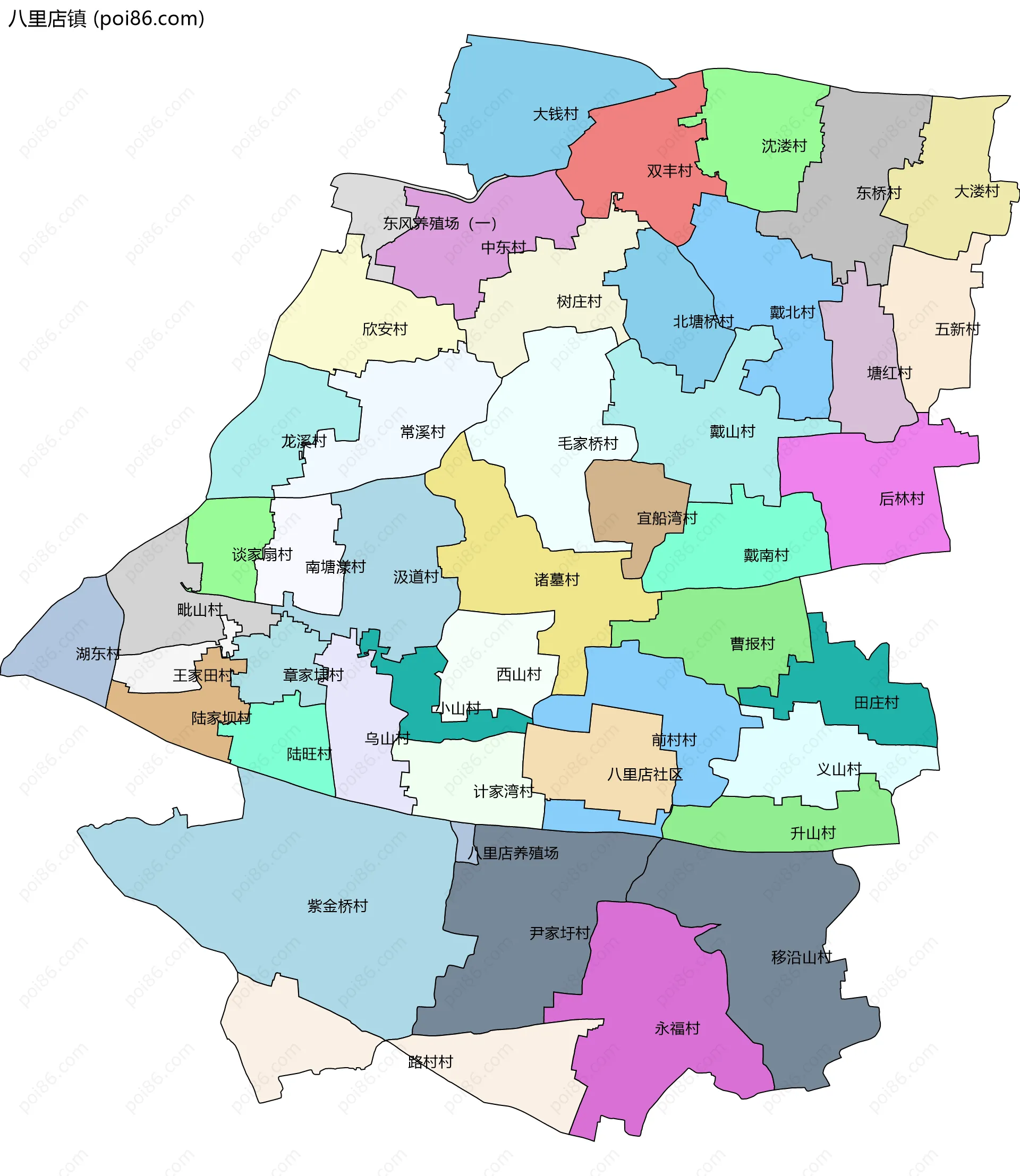 八里店镇边界地图(五级行政区划)