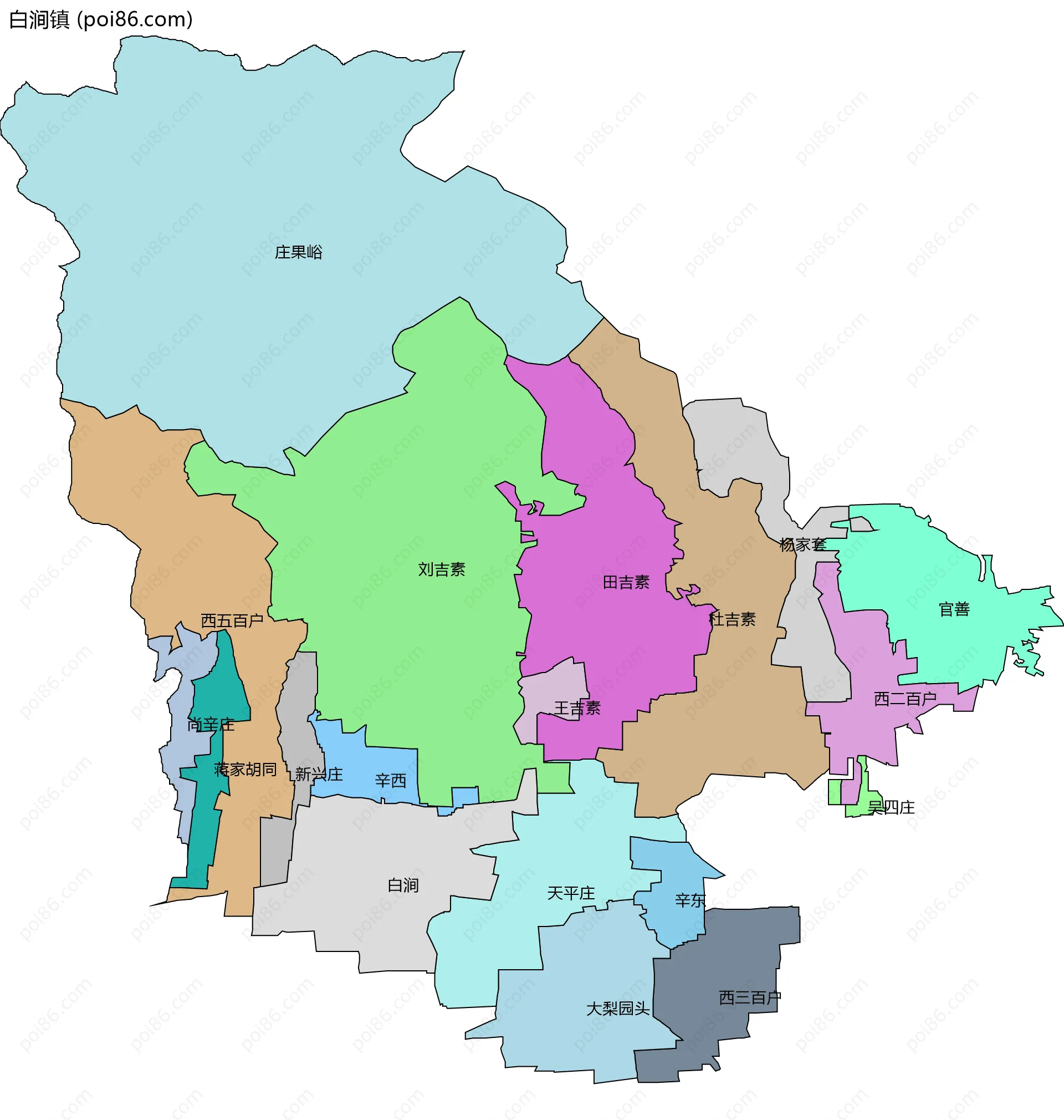 白涧镇边界地图(五级行政区划)