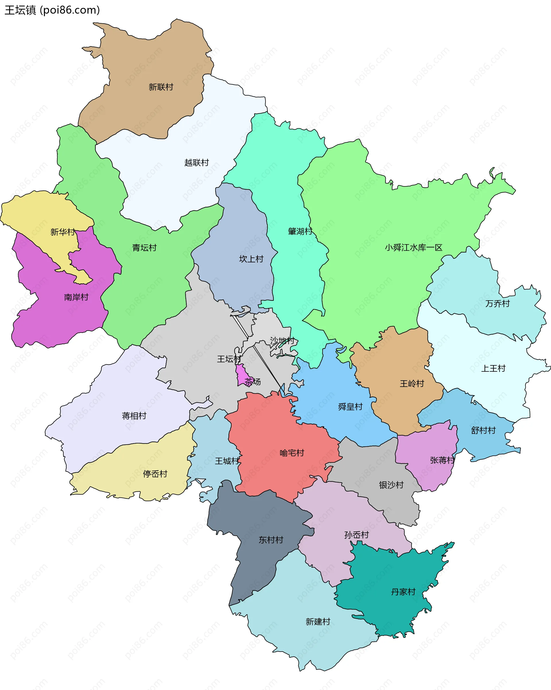 王坛镇边界地图(五级行政区划)