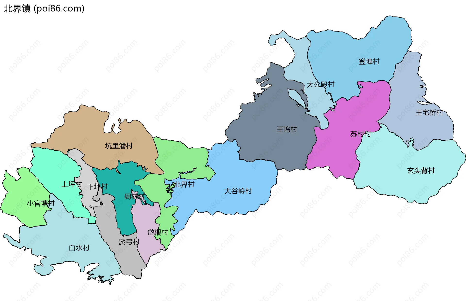 北界镇边界地图(五级行政区划)
