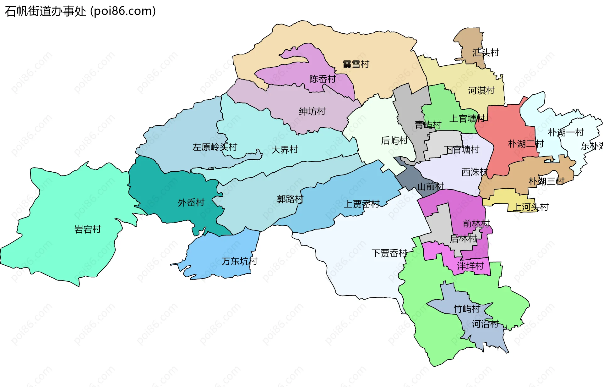 石帆街道办事处边界地图(五级行政区划)