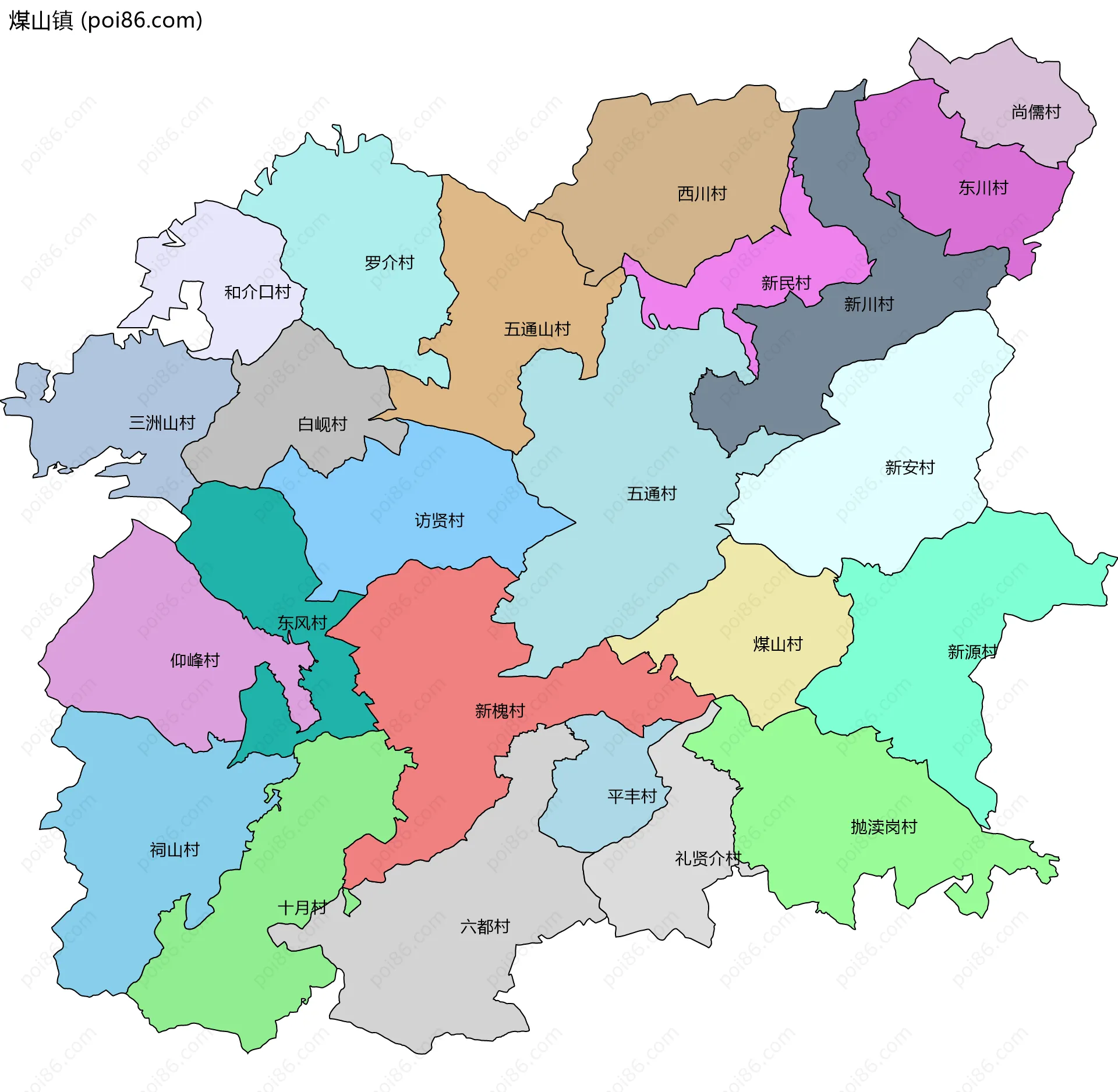 煤山镇边界地图(五级行政区划)