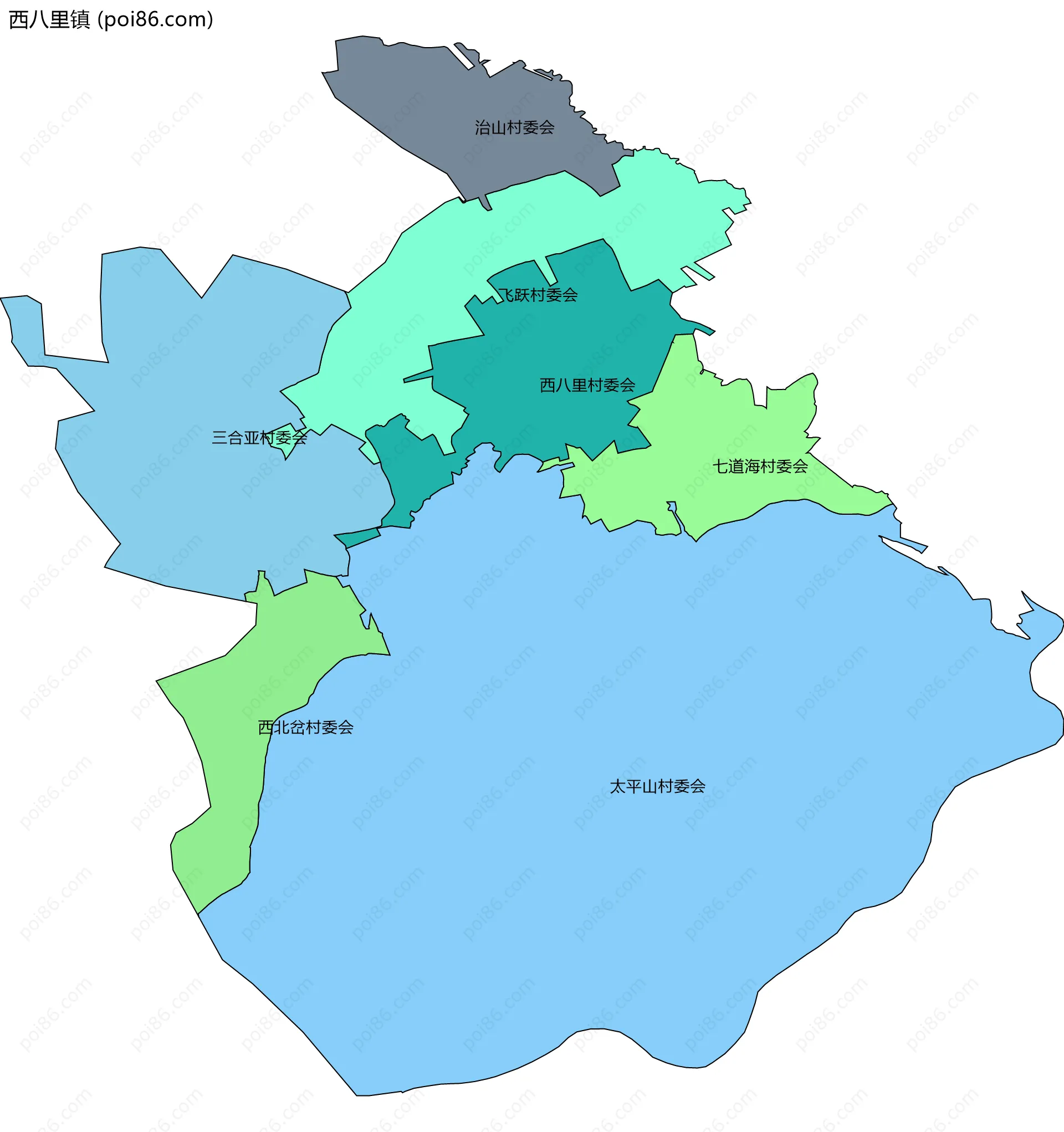西八里镇边界地图(五级行政区划)