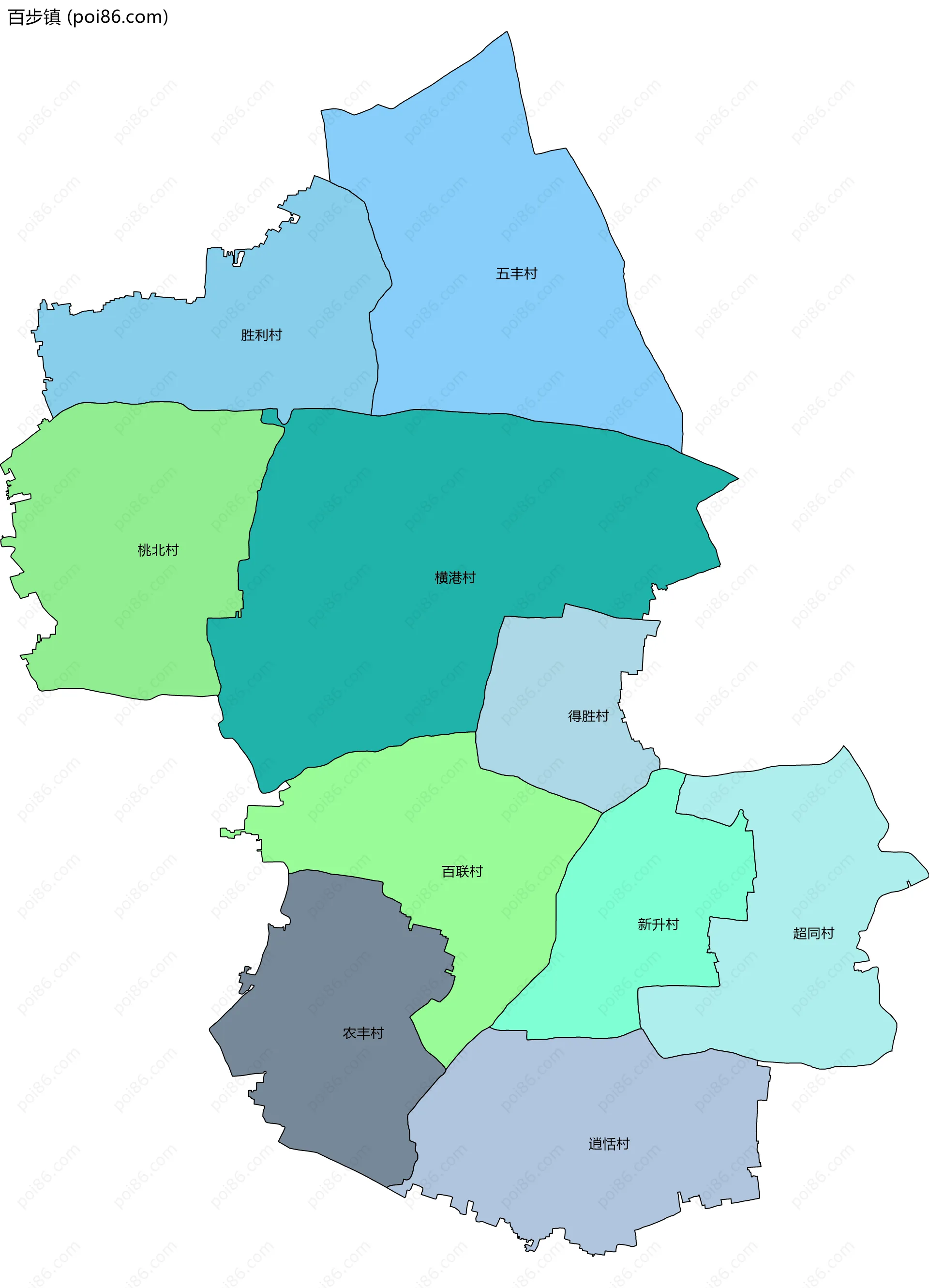 百步镇边界地图(五级行政区划)