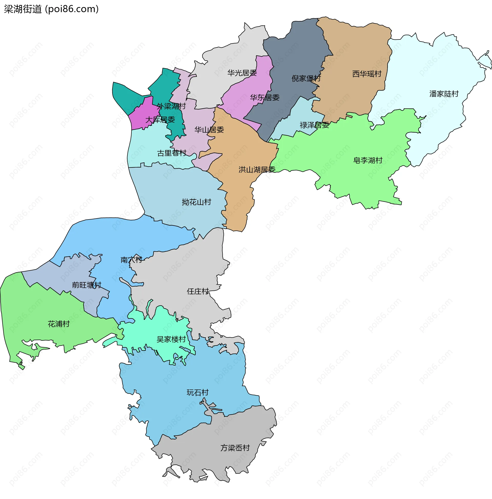 梁湖街道边界地图(五级行政区划)