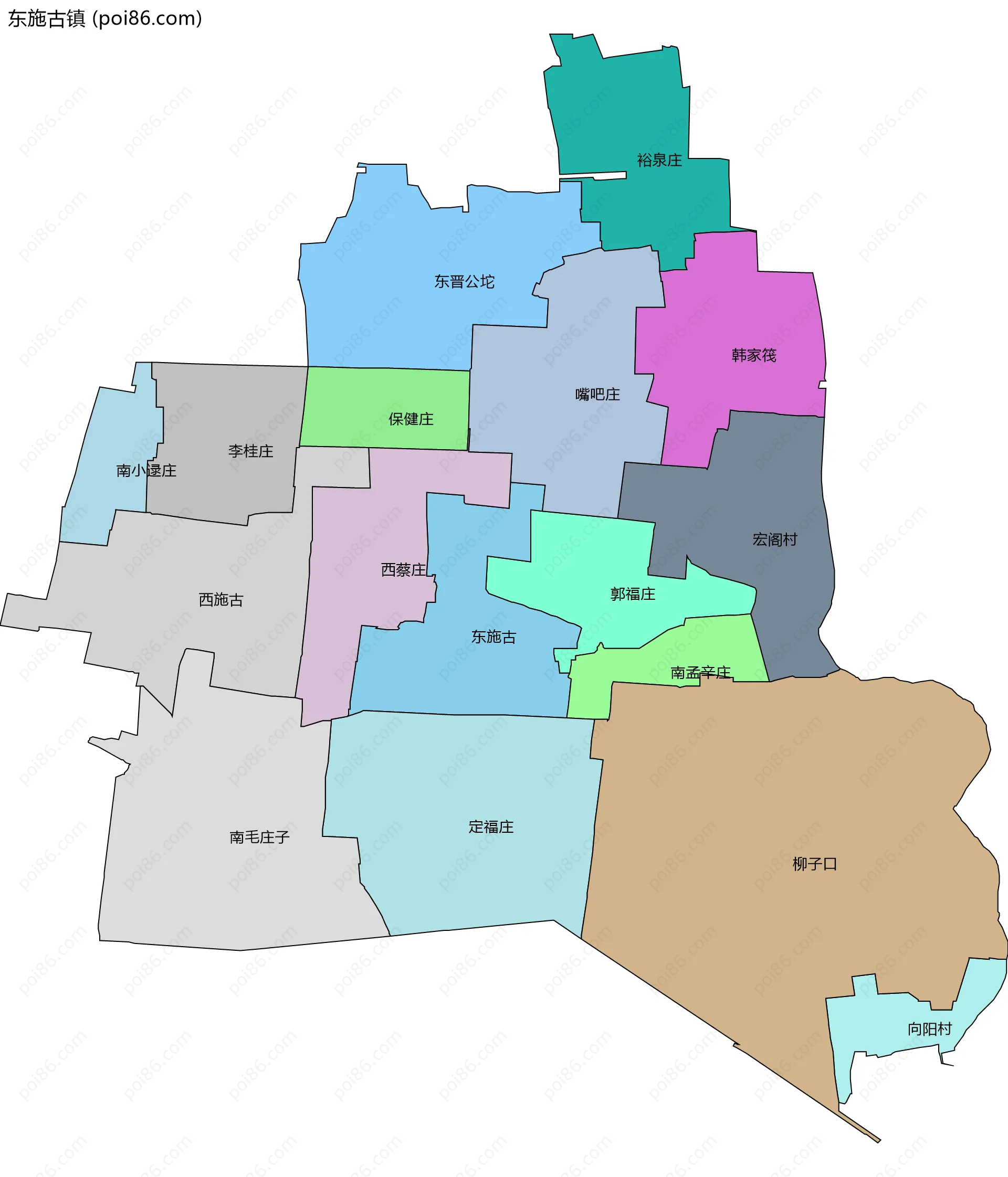 东施古镇边界地图(五级行政区划)