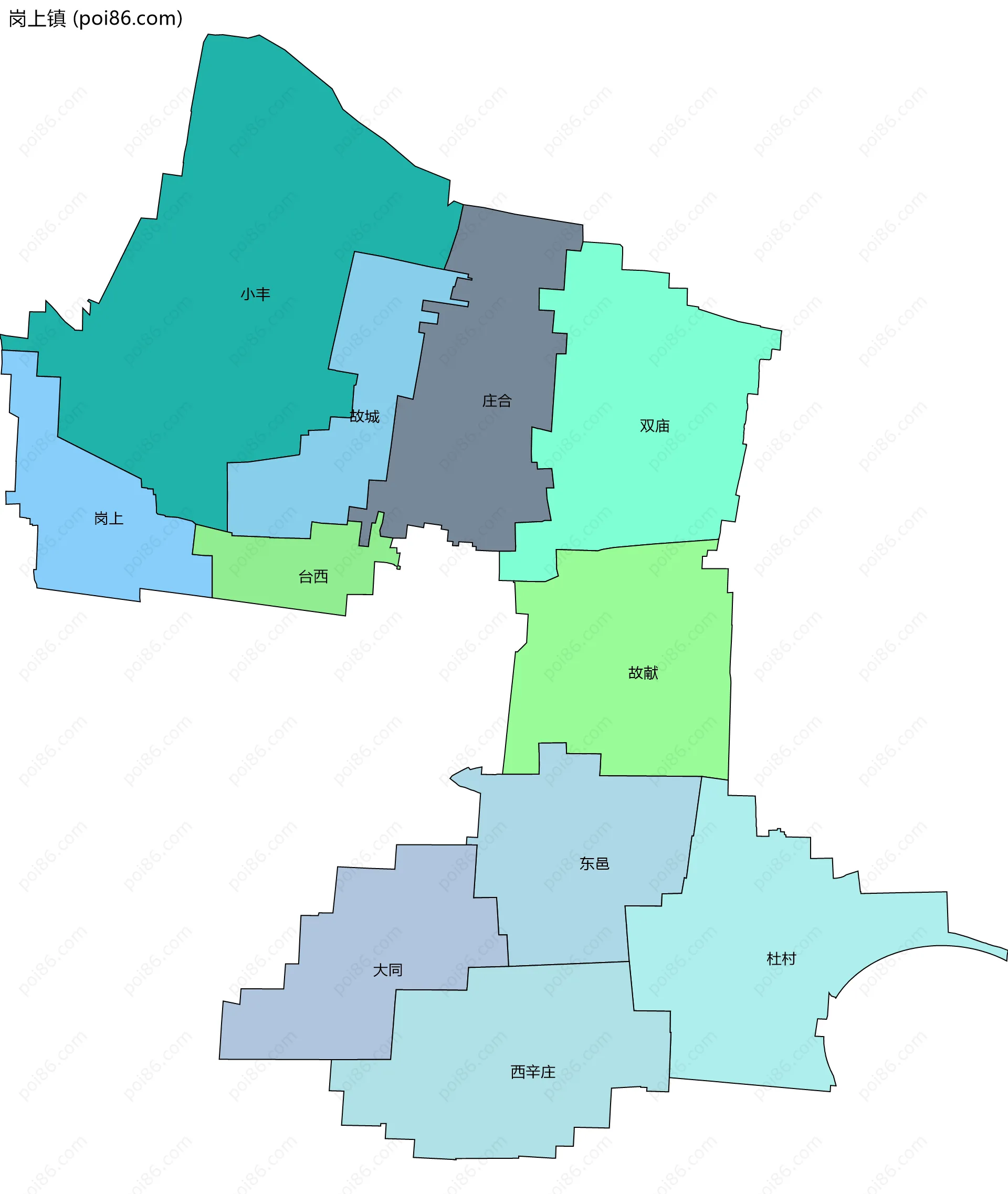 岗上镇边界地图(五级行政区划)