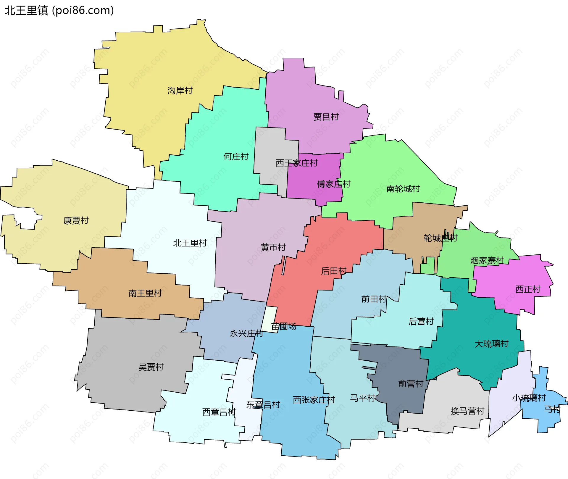 北王里镇边界地图(五级行政区划)