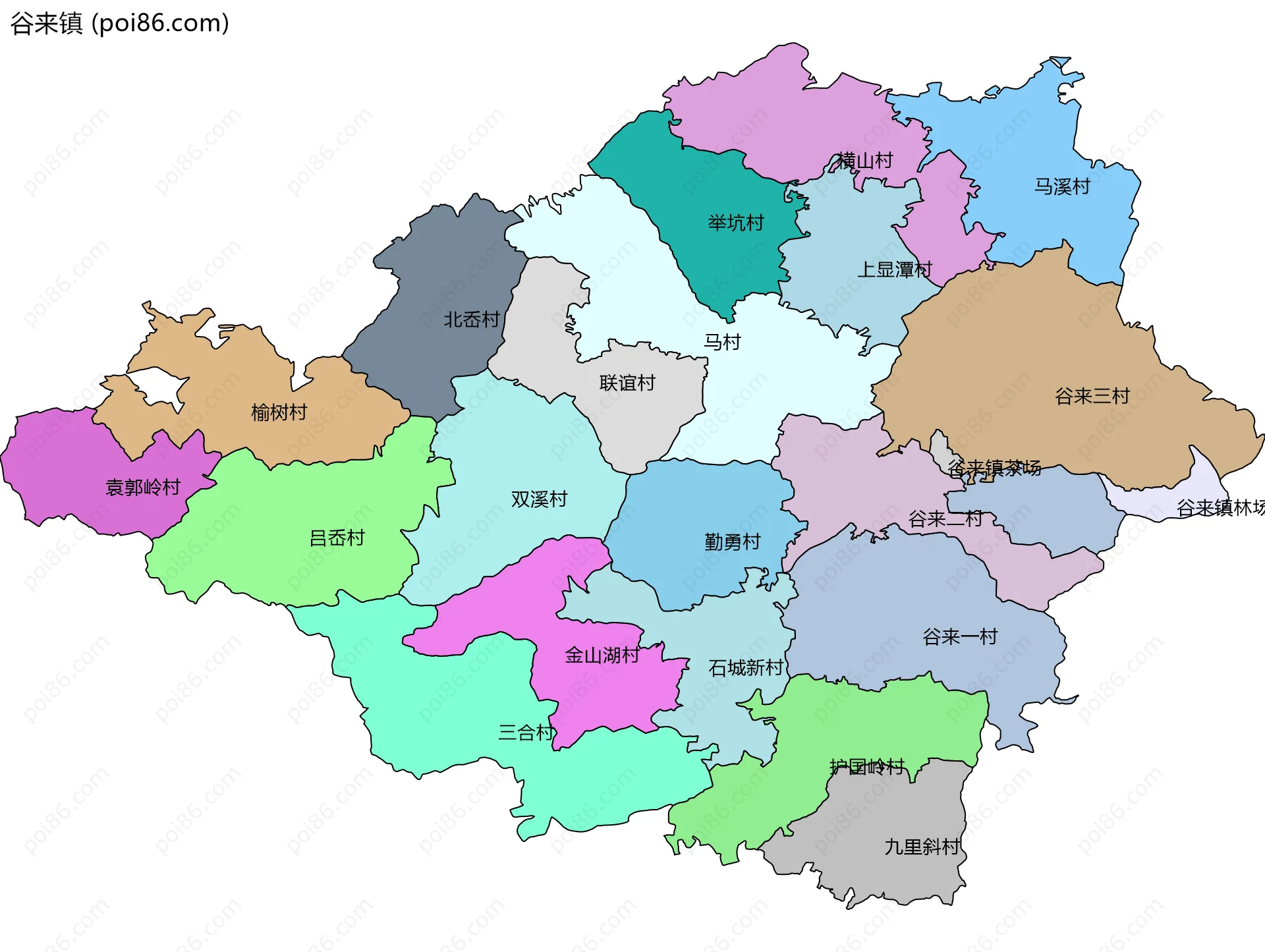 谷来镇边界地图(五级行政区划)