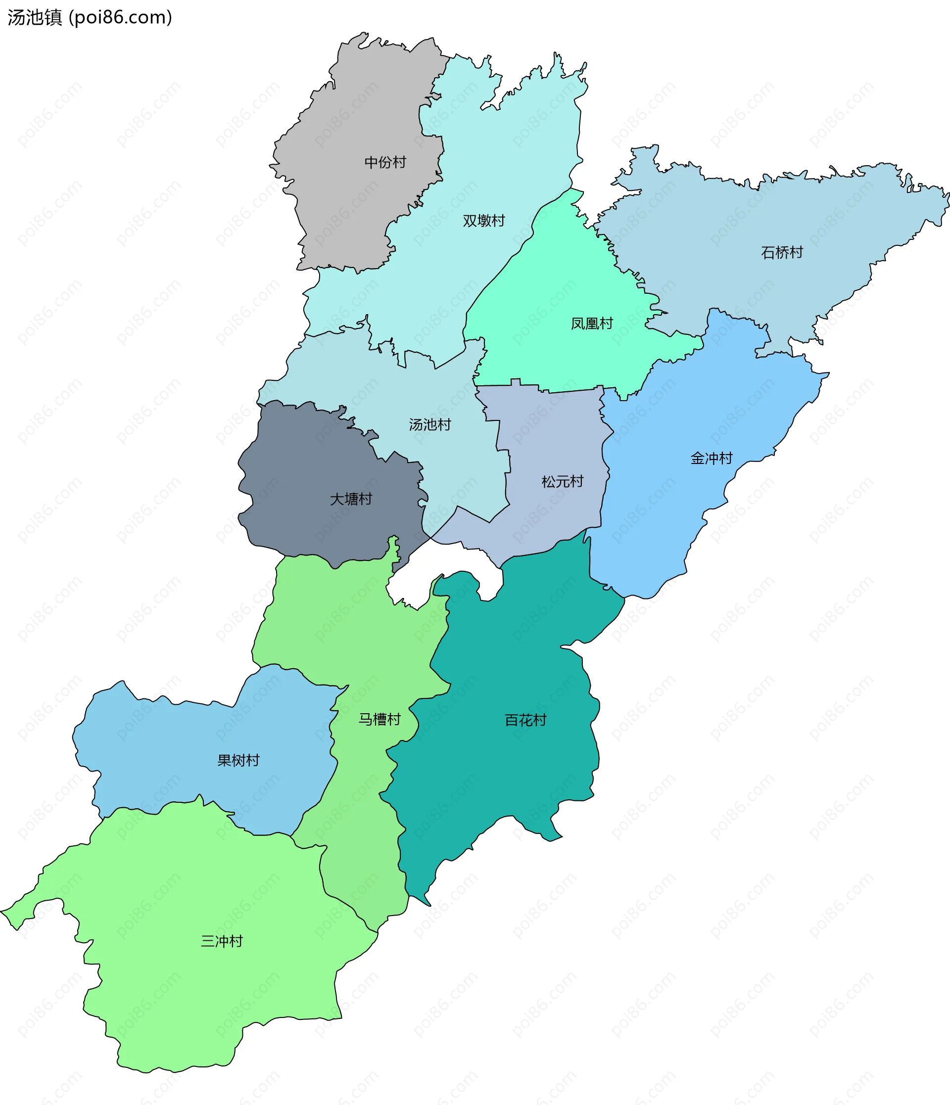 汤池镇边界地图(五级行政区划)