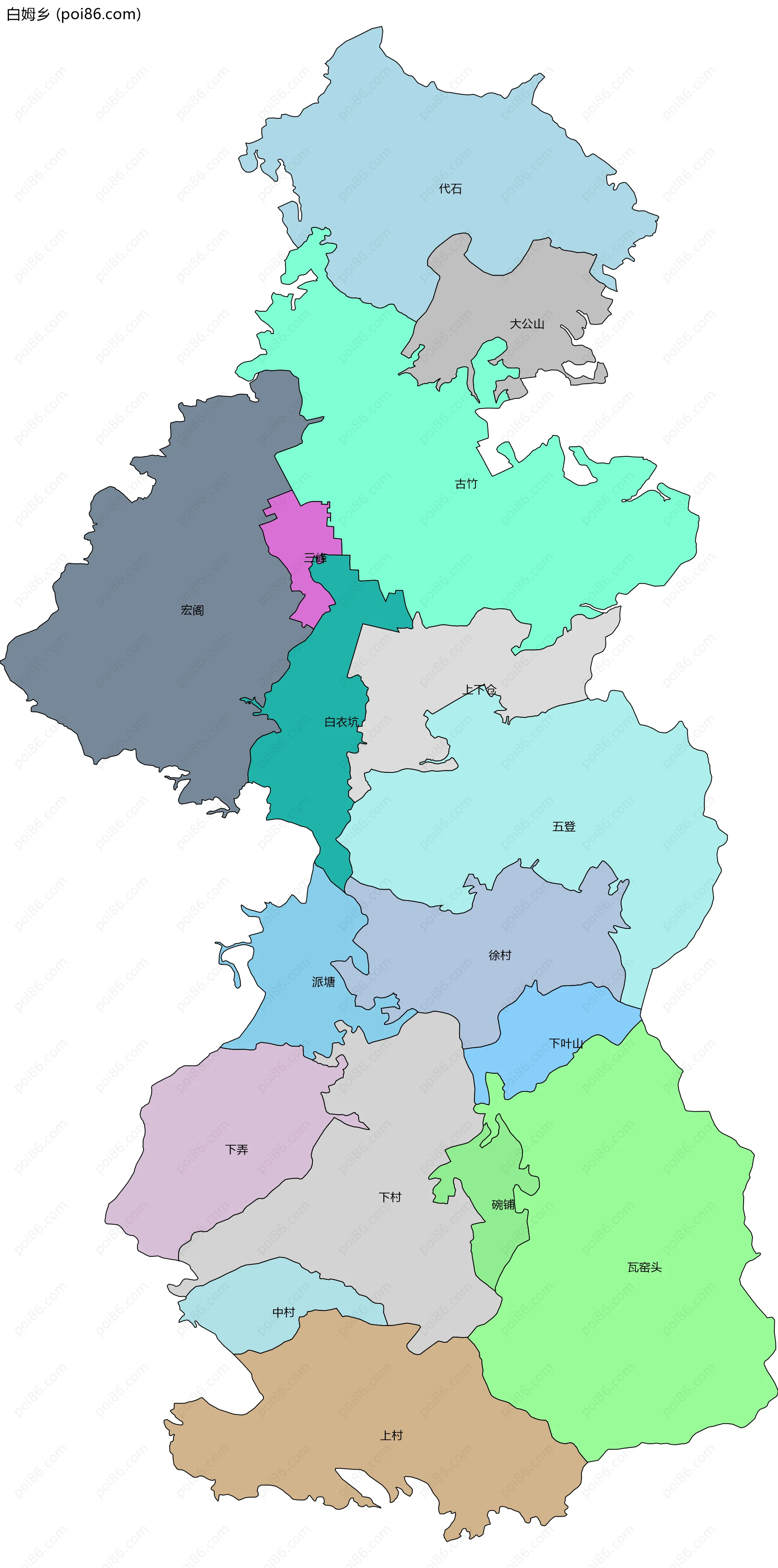 白姆乡边界地图(五级行政区划)