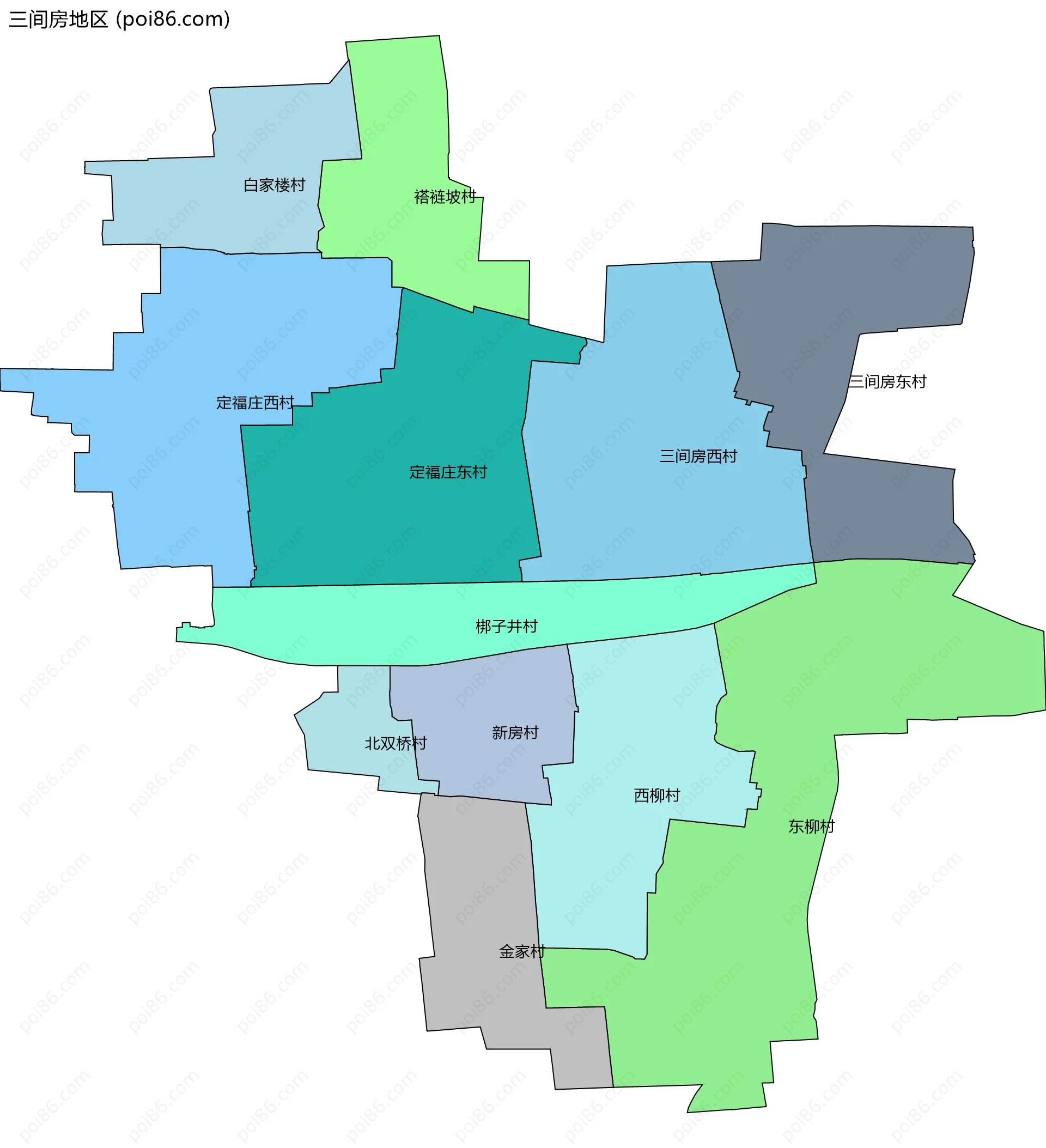 三间房地区边界地图(五级行政区划)