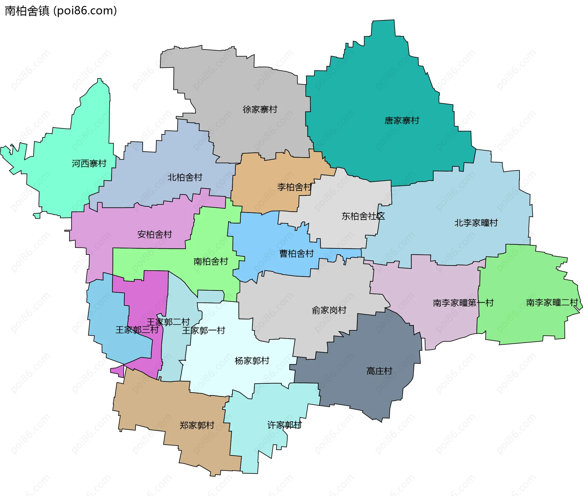 南柏舍镇边界地图(五级行政区划)