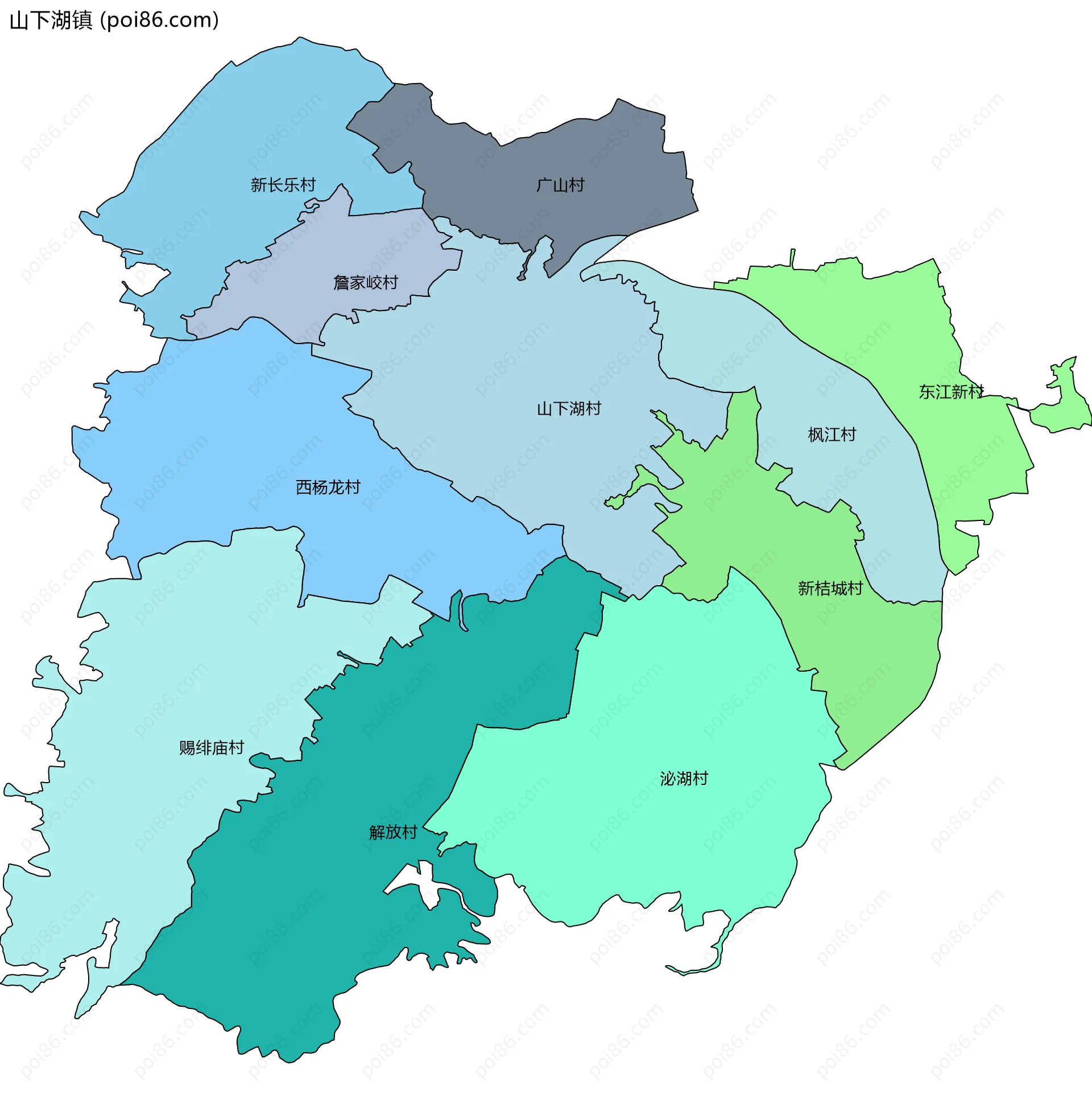 山下湖镇边界地图(五级行政区划)