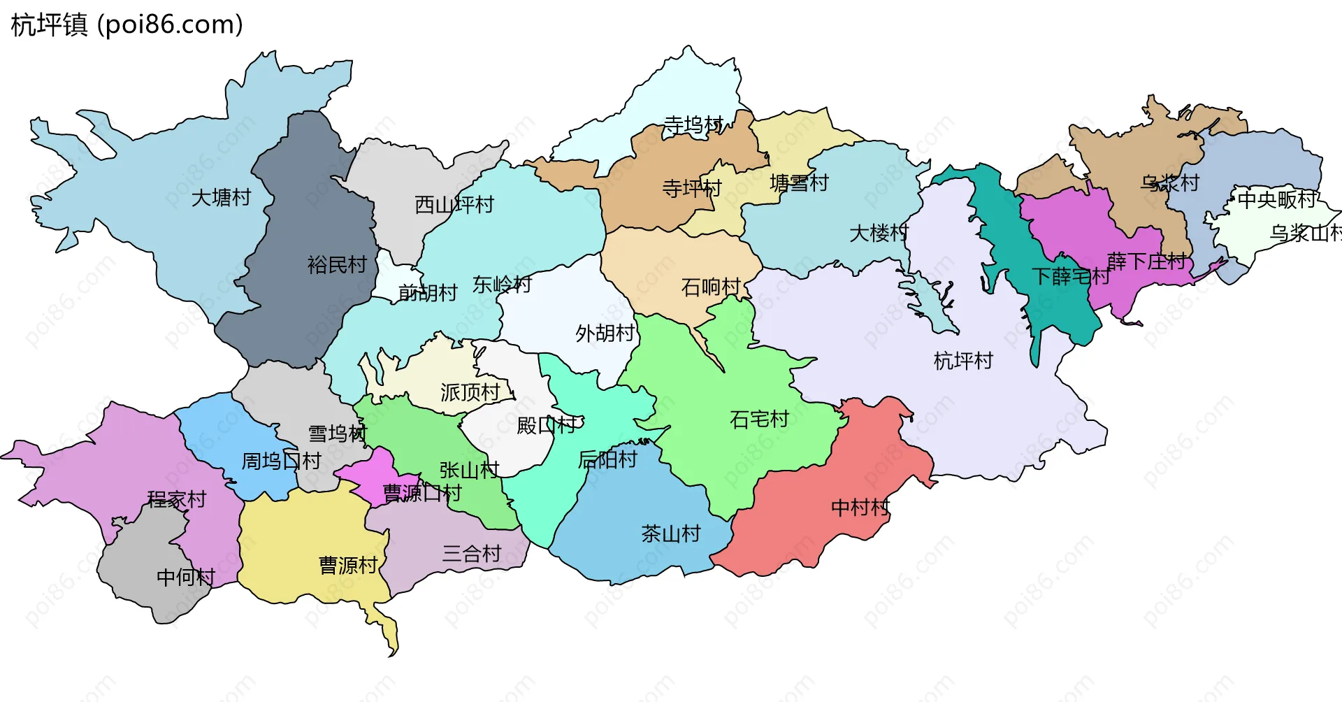 杭坪镇边界地图(五级行政区划)