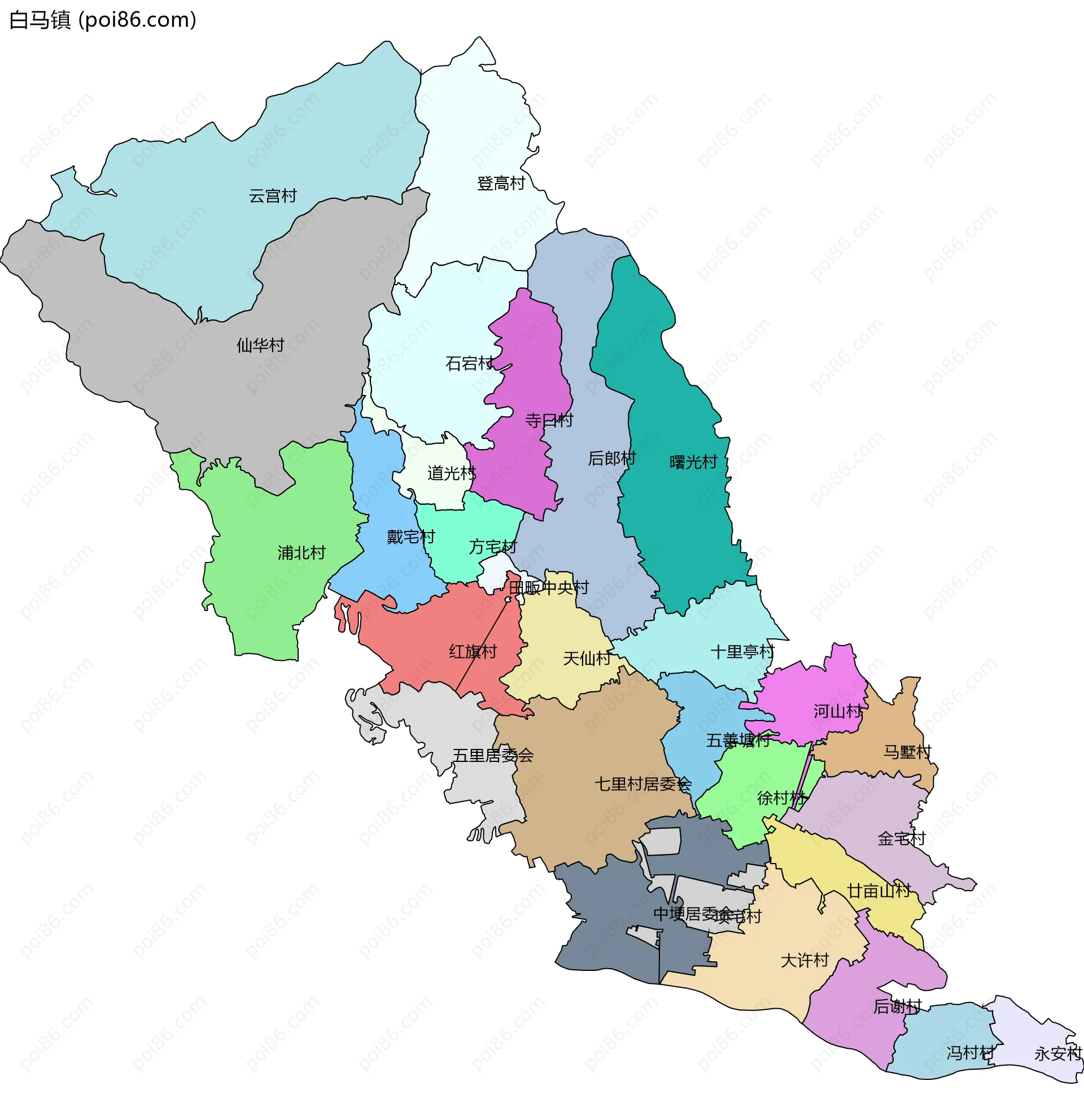 白马镇边界地图(五级行政区划)