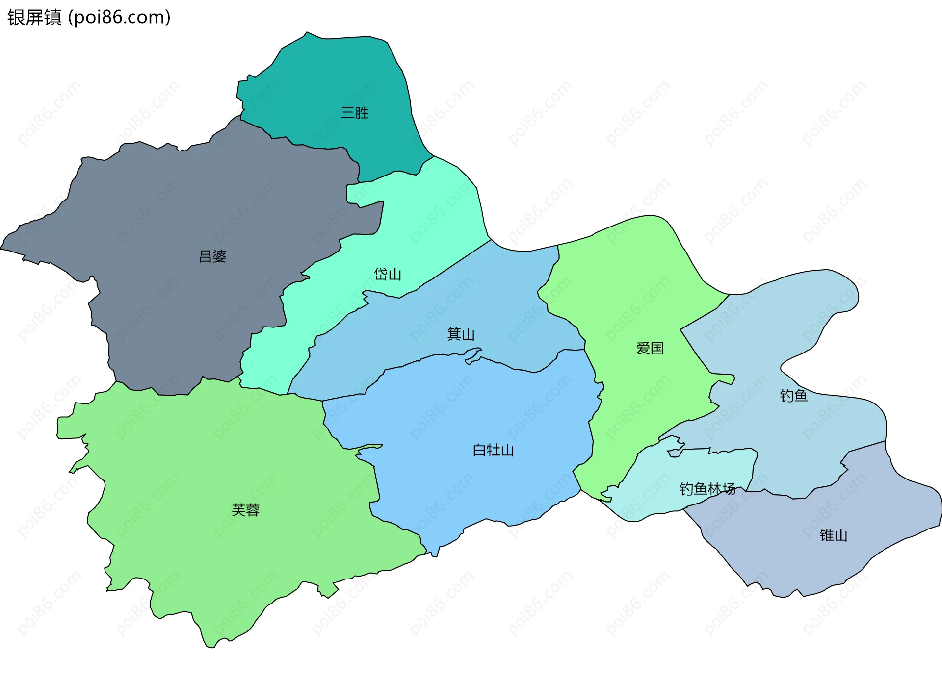 银屏镇边界地图(五级行政区划)