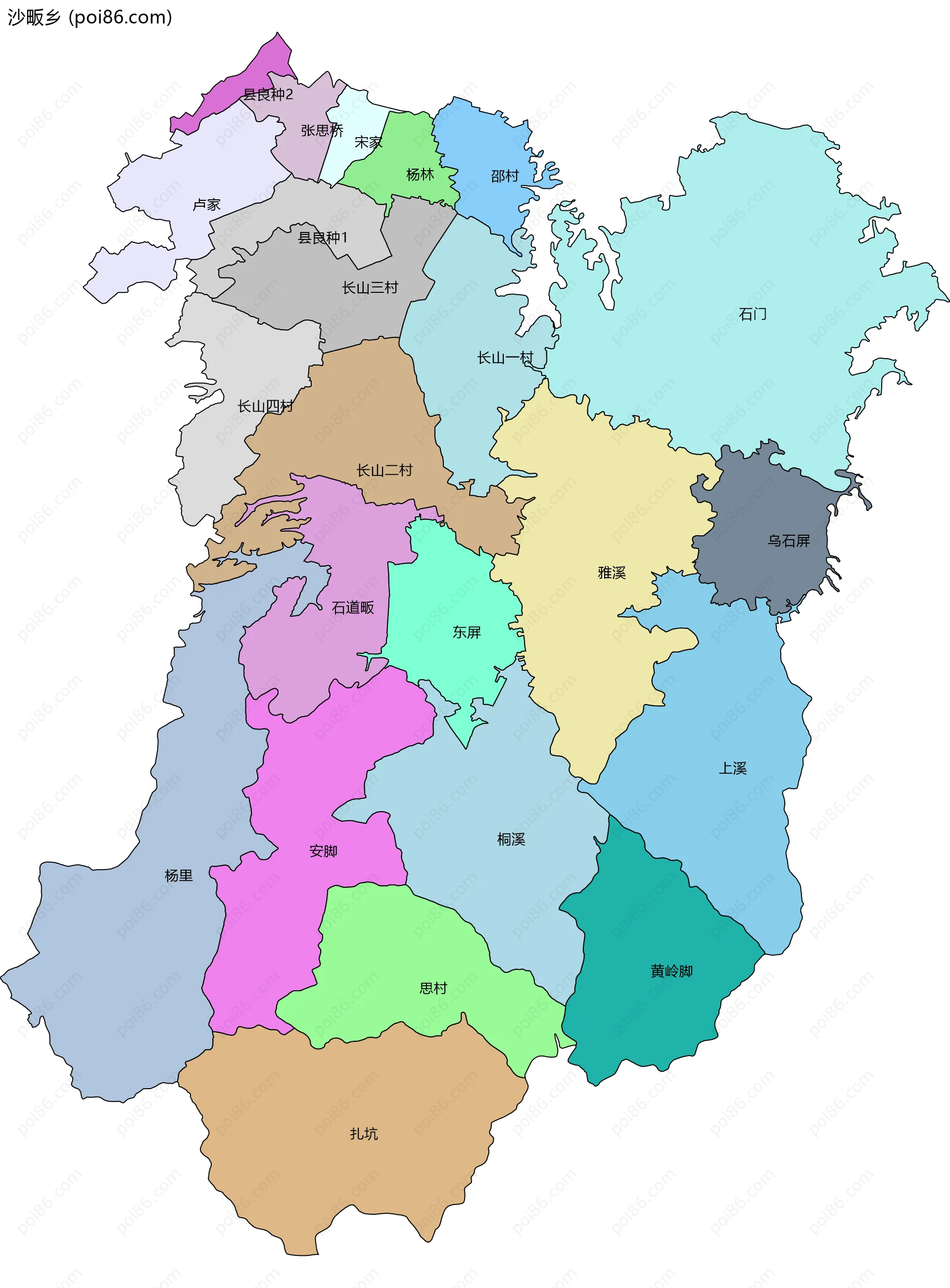 沙畈乡边界地图(五级行政区划)