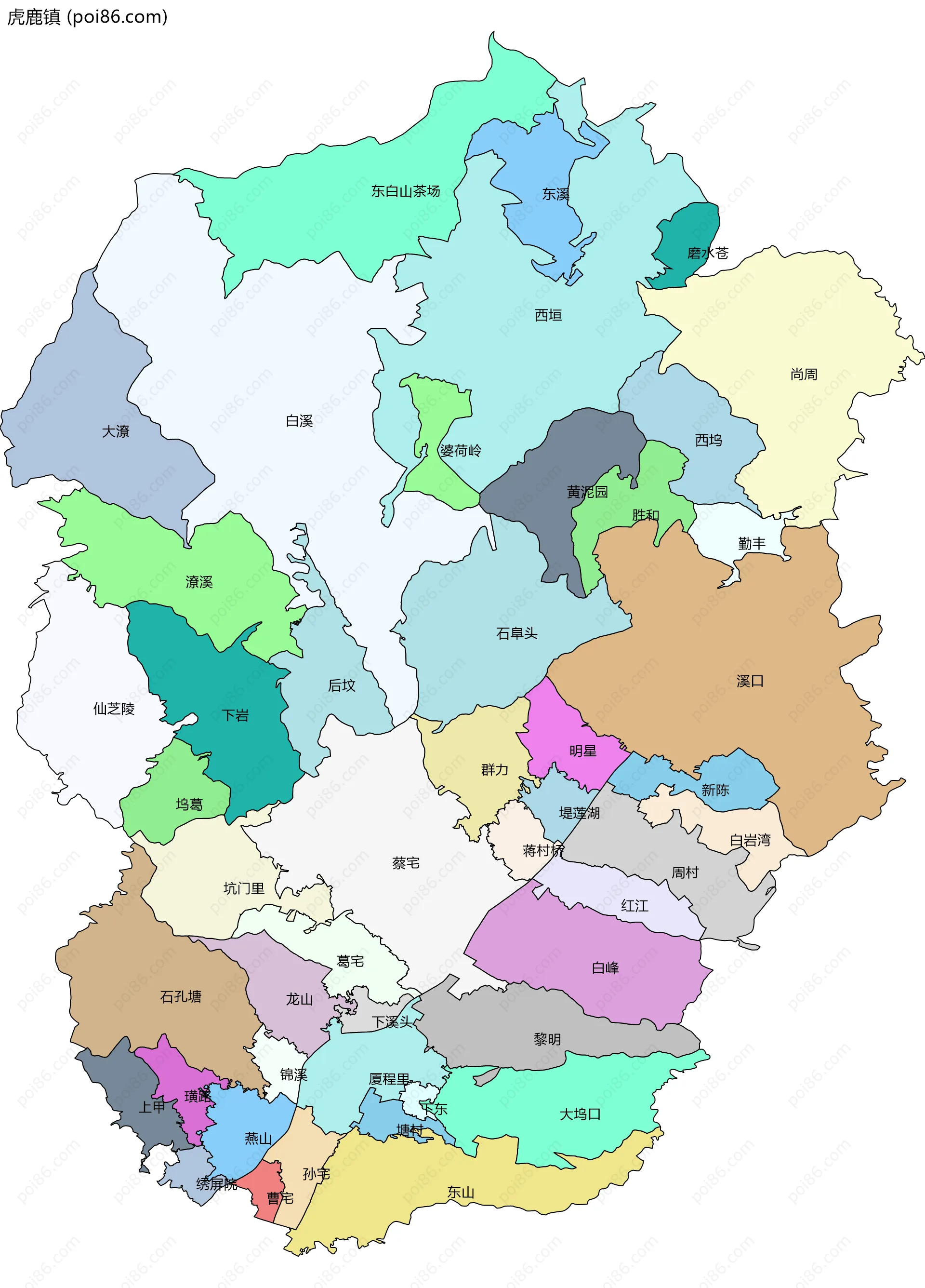 虎鹿镇边界地图(五级行政区划)
