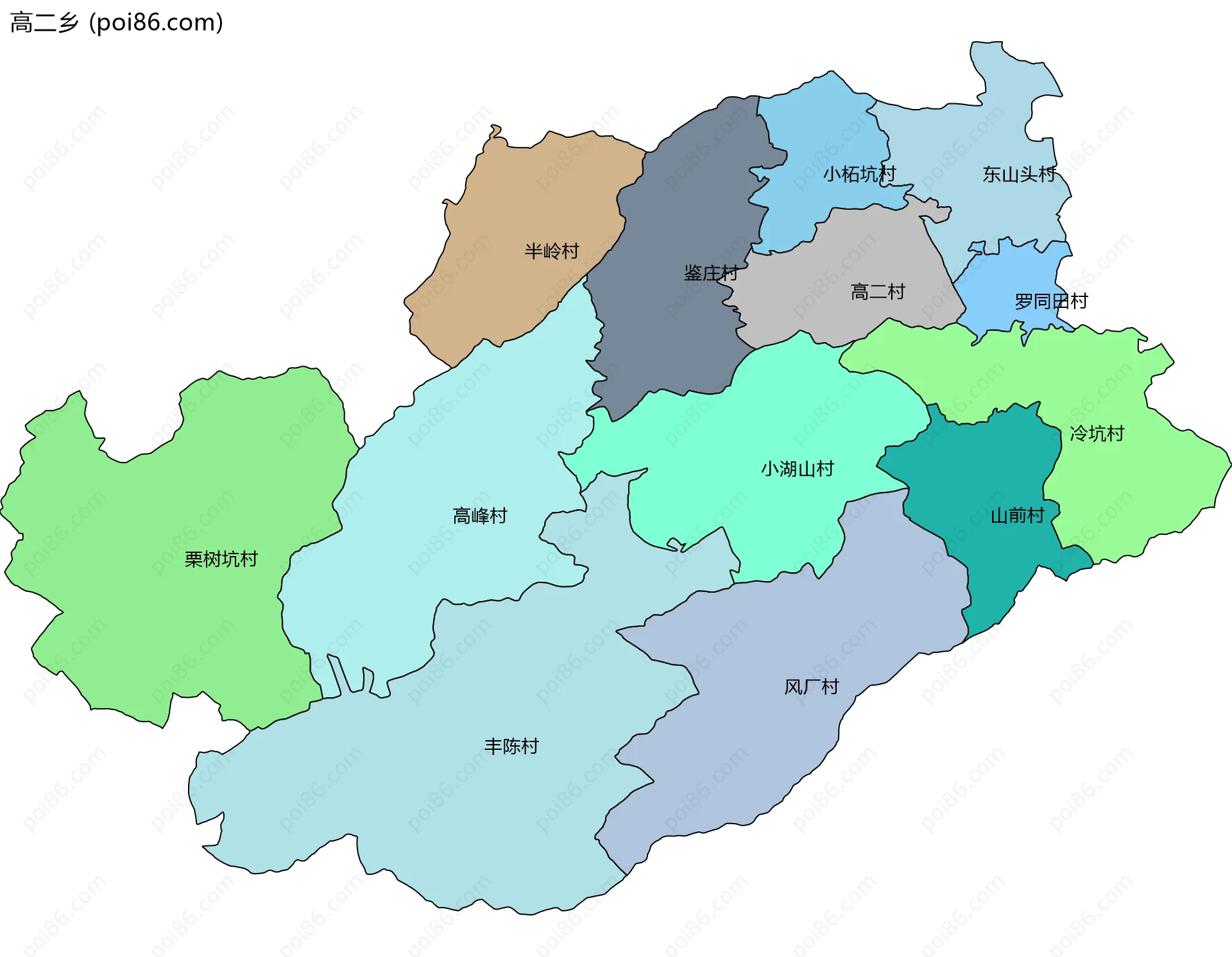 高二乡边界地图(五级行政区划)