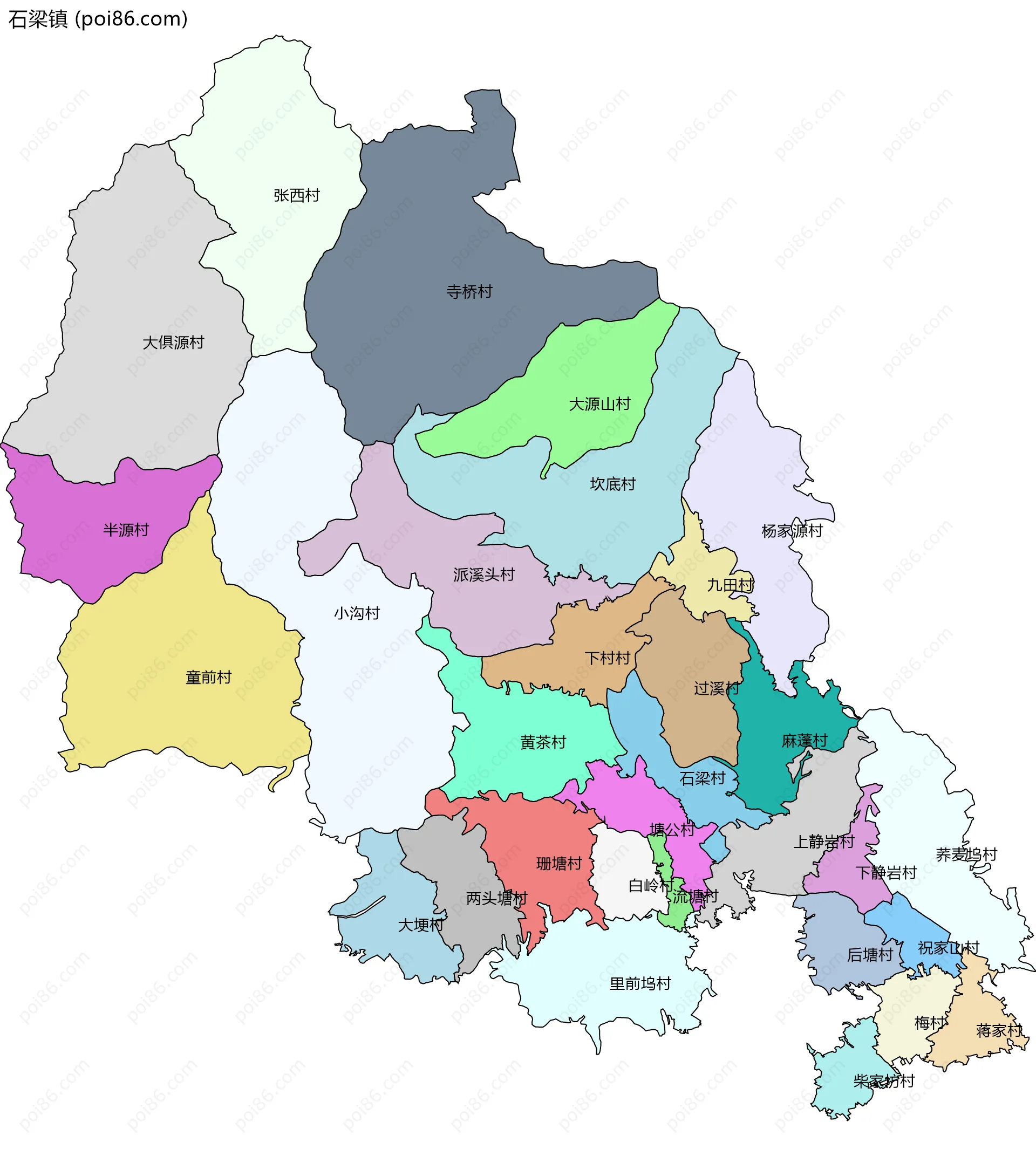 石梁镇边界地图(五级行政区划)
